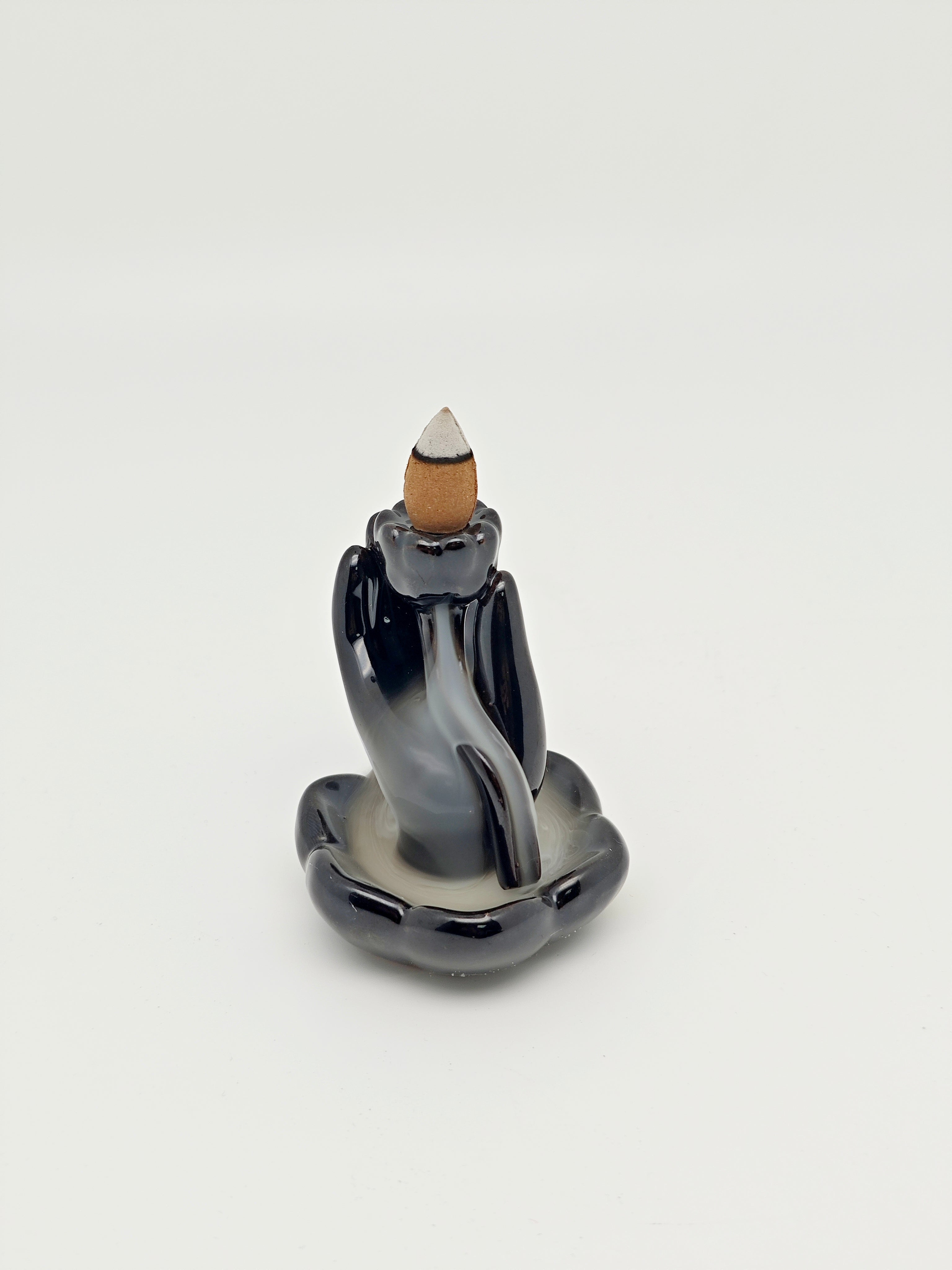 Ceramic Reflux Incense Burner - Decorative Incense Burner Biblo - Glazed Ceramic Hand Holding Lotus Smooth Glossy Burner 10.5cm BIB-2 - DOMEDBAZAAR