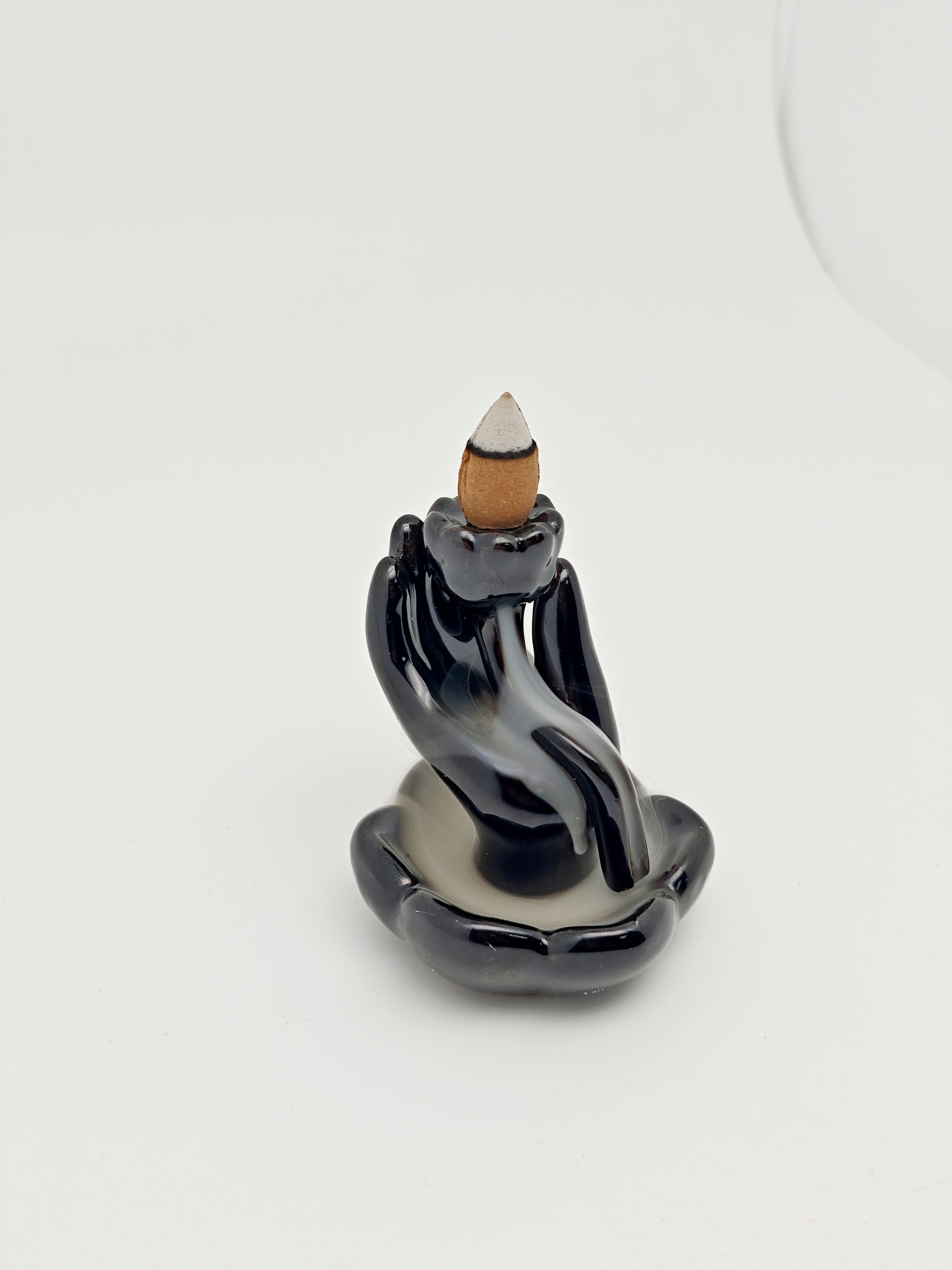 Ceramic Reflux Incense Burner - Decorative Incense Burner Biblo - Glazed Ceramic Hand Holding Lotus Smooth Glossy Burner 10.5cm BIB-2 - DOMEDBAZAAR