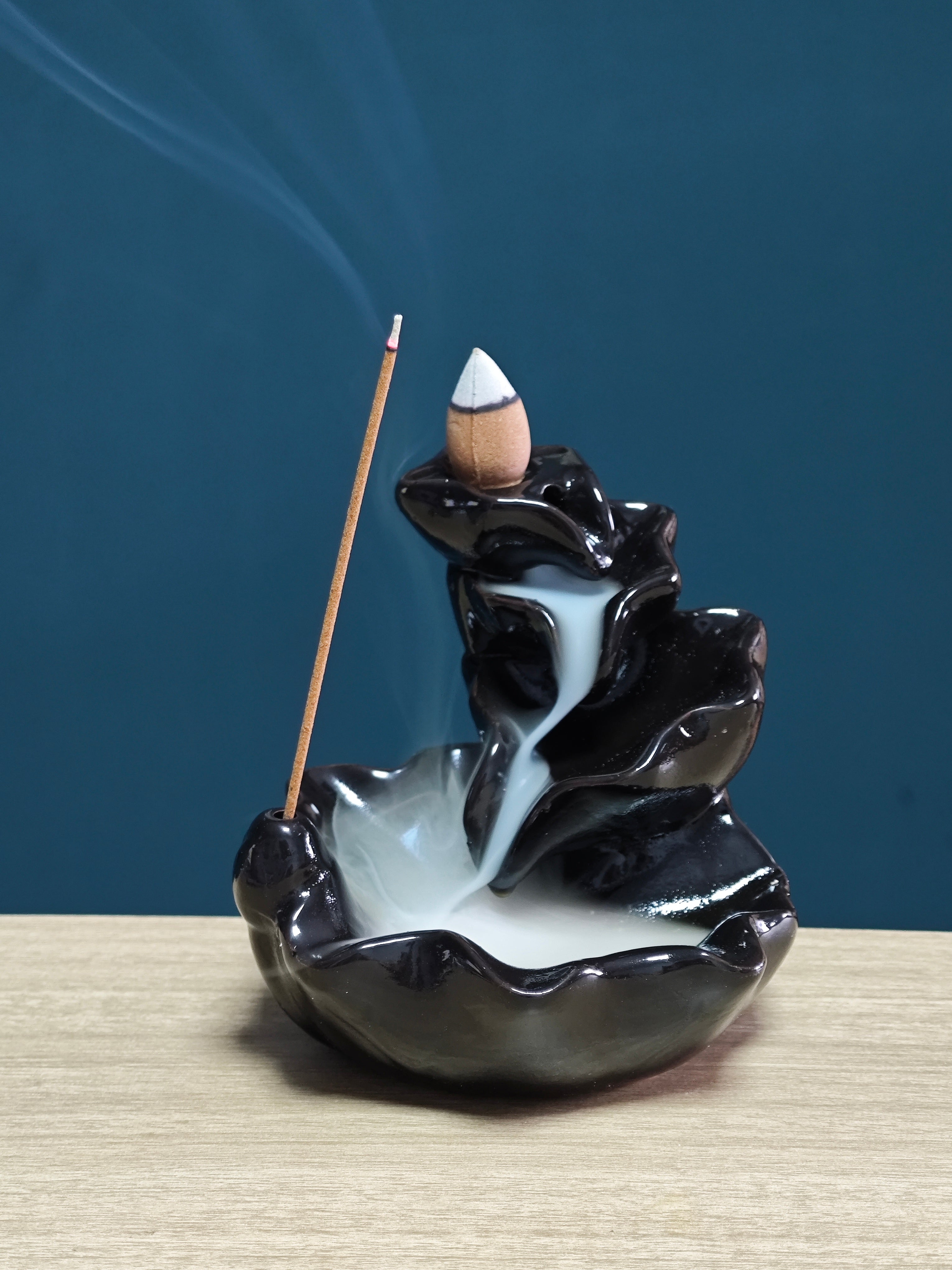 Ceramic Reflux Incense Burner - Decorative Incense Burner Biblo - Lotus Flower Rippled Wavy Smooth Glossy Pond Burner 10cm BIB-3 - DOMEDBAZAAR