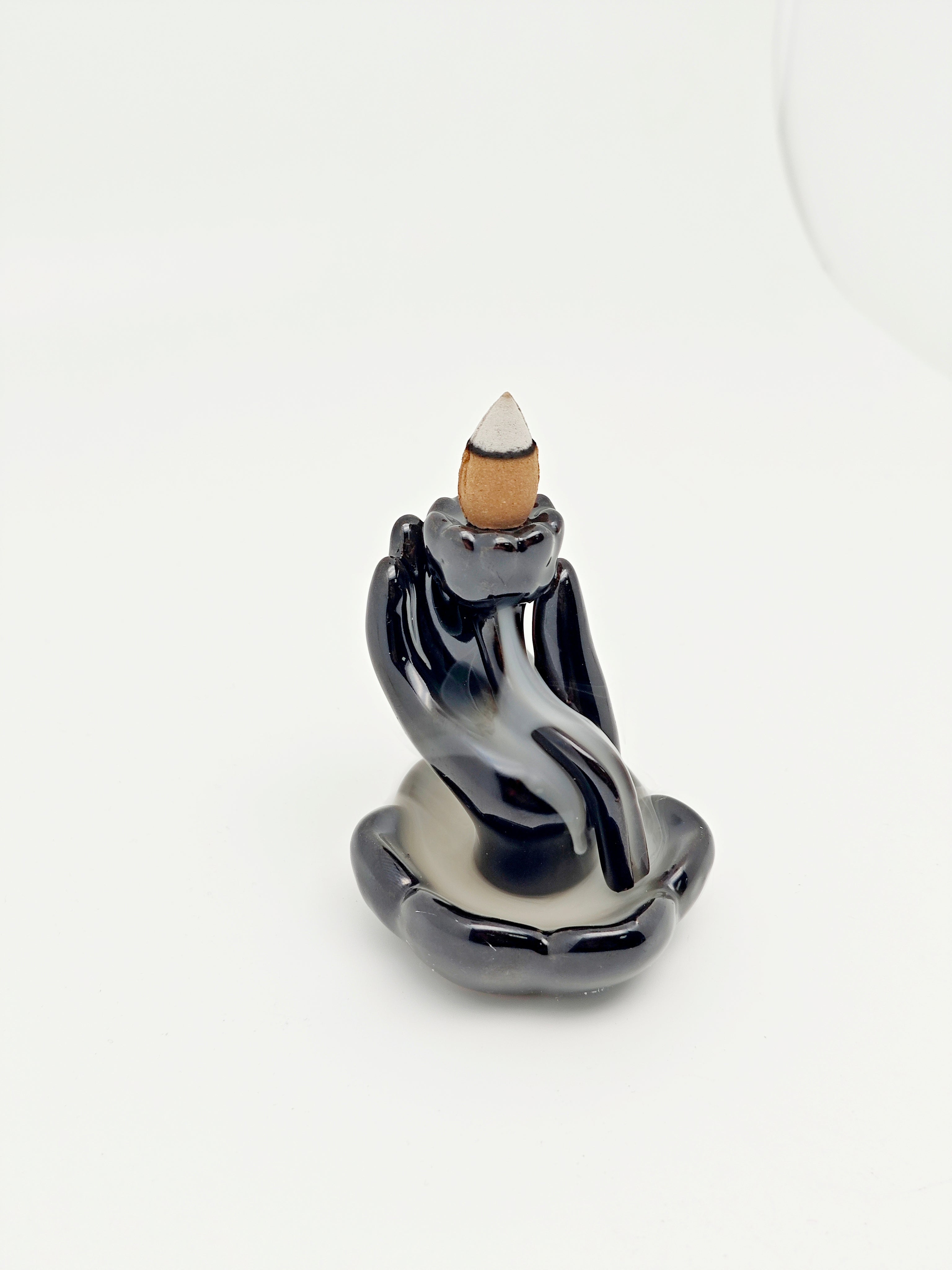 Ceramic Reflux Incense Burner - Decorative Incense Burner Biblo - Glazed Ceramic Hand Holding Lotus Smooth Glossy Burner 10.5cm BIB-2 - DOMEDBAZAAR