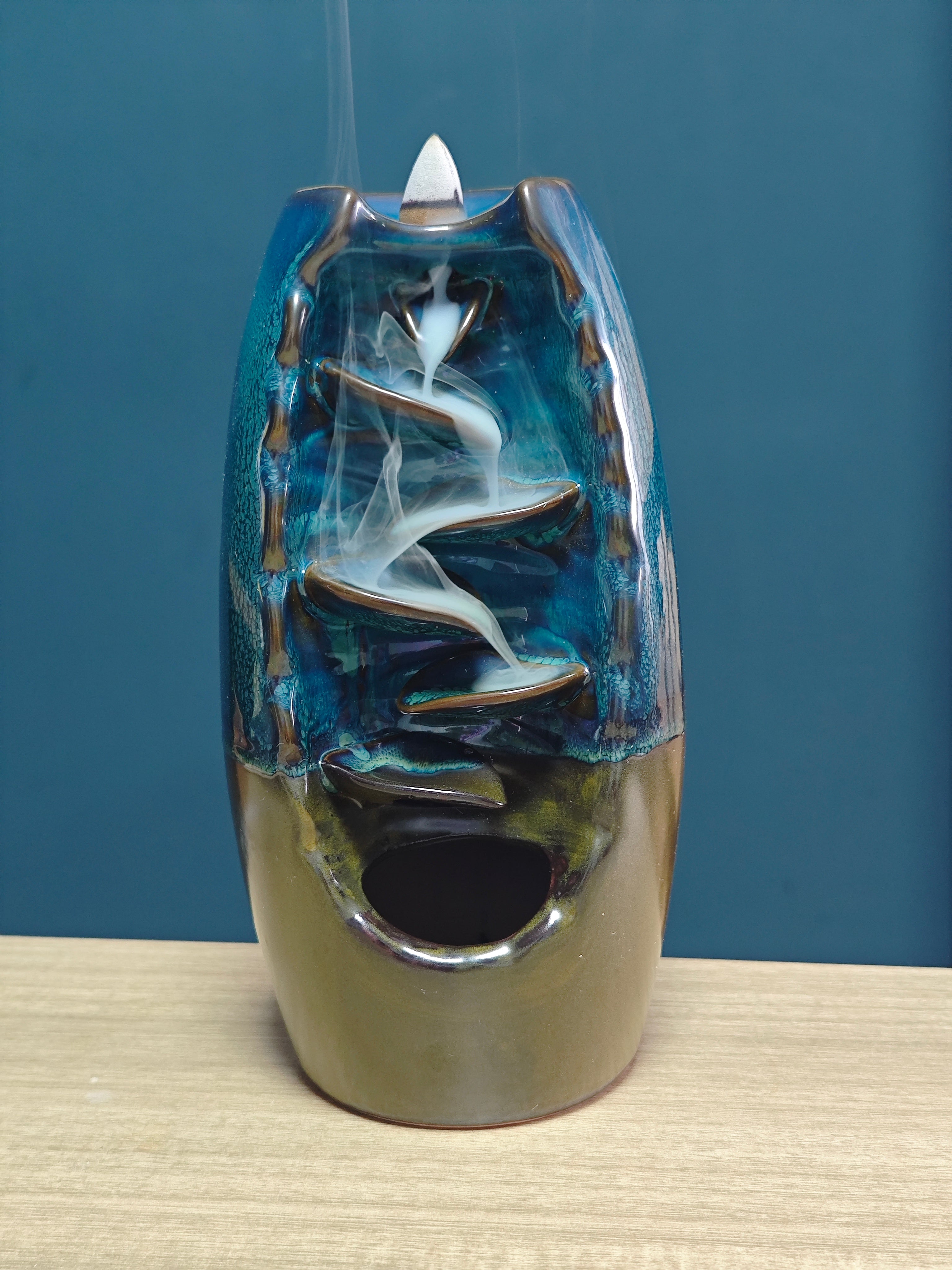 Ceramic Reflux Incense Burner - Decorative Incense Burner Biblo - Flowing Spiral Tiered Cascade Structure Glazed Ceramic Tower Burner 20cm BIB-9 - DOMEDBAZAAR
