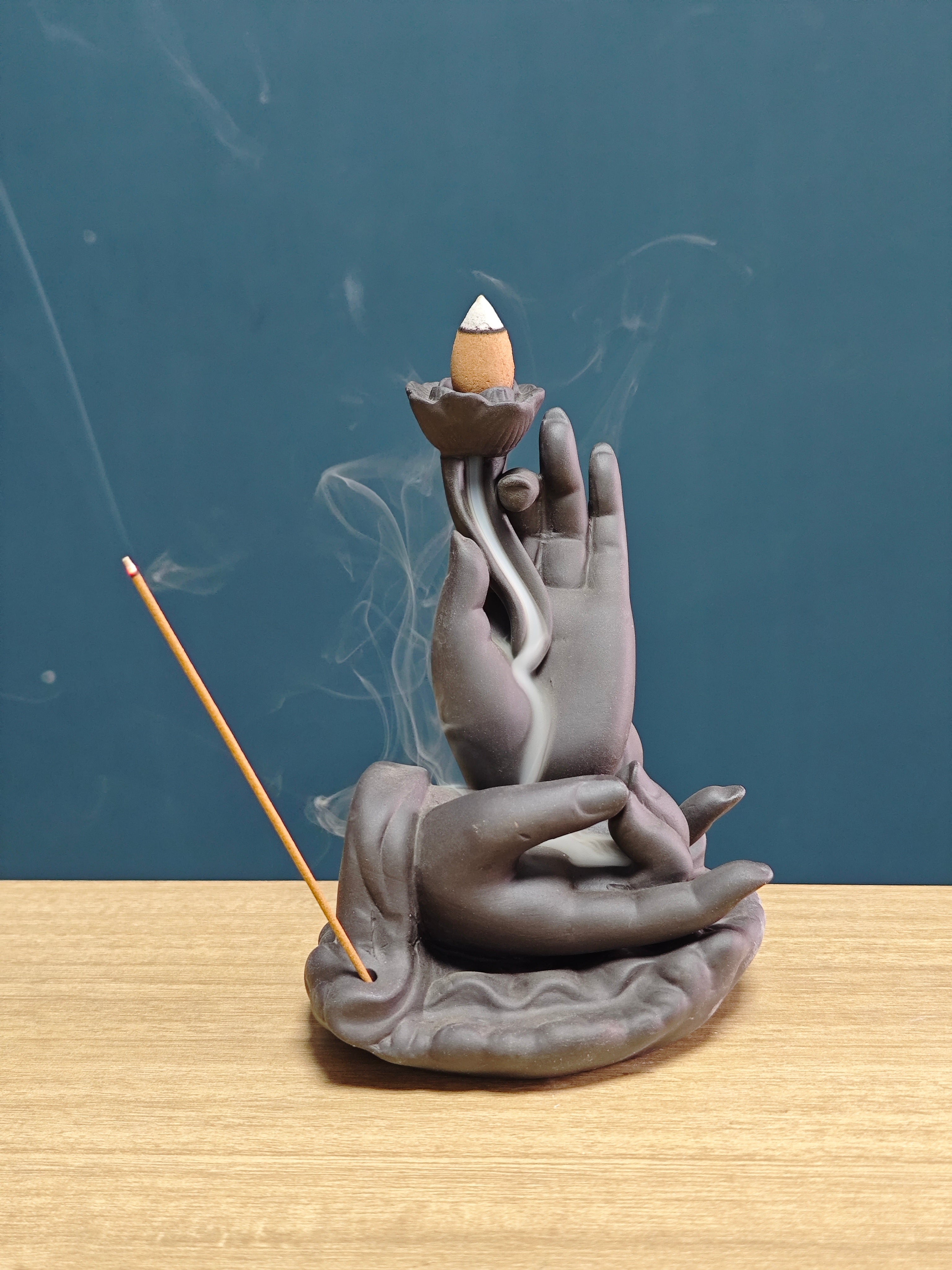 Ceramic Reflux Incense Burner - Decorative Incense Burner Biblo - Elegant Hand Holding Lotus Detailed Palm Carving Burner 14cm BIB-23 - DOMEDBAZAAR