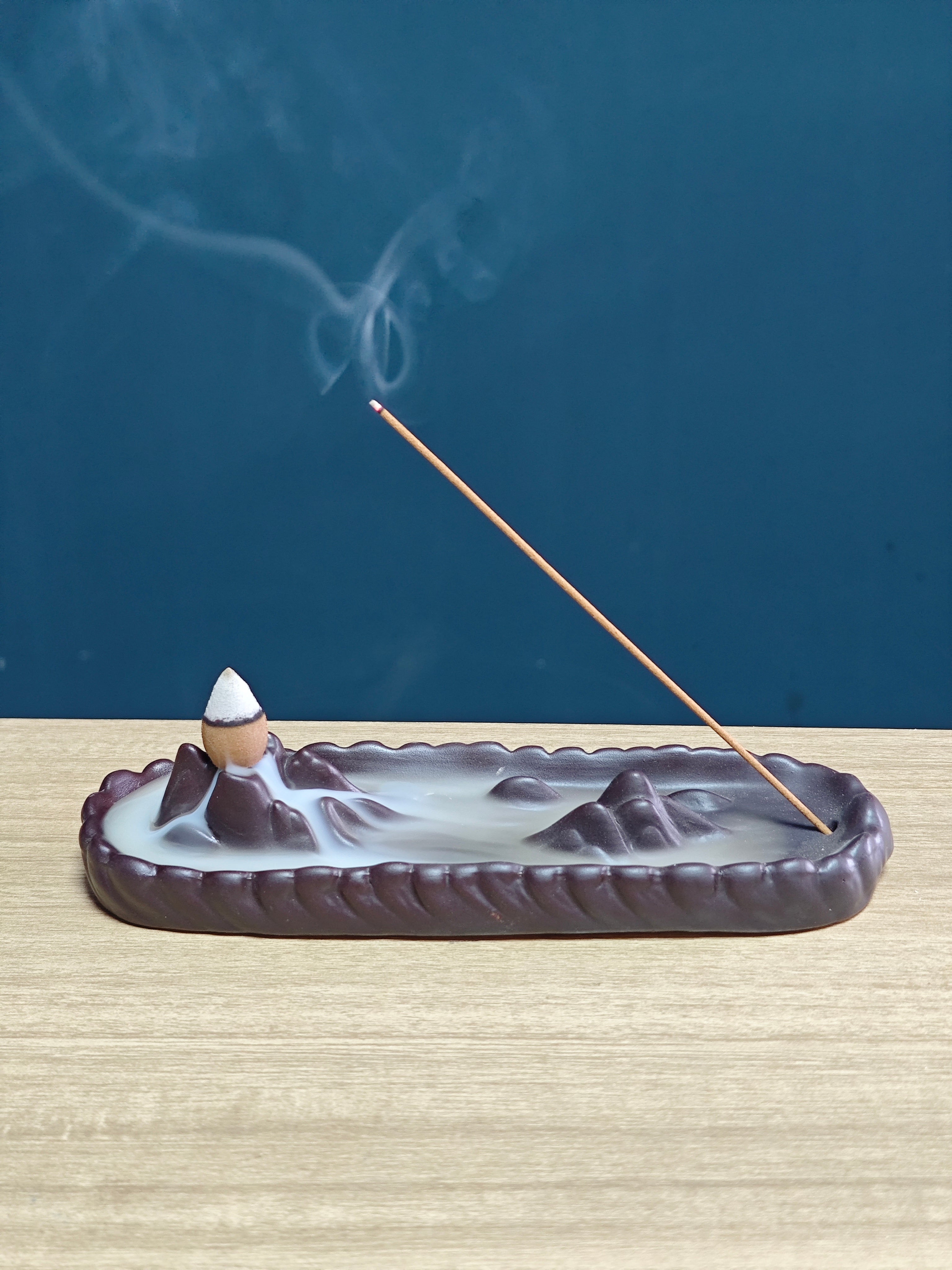 Ceramic Reflux Incense Burner - Decorative Incense Burner Biblo - Rectangular Tray Mountain Landscape Design Burner 19cm BIB-27 - DOMEDBAZAAR