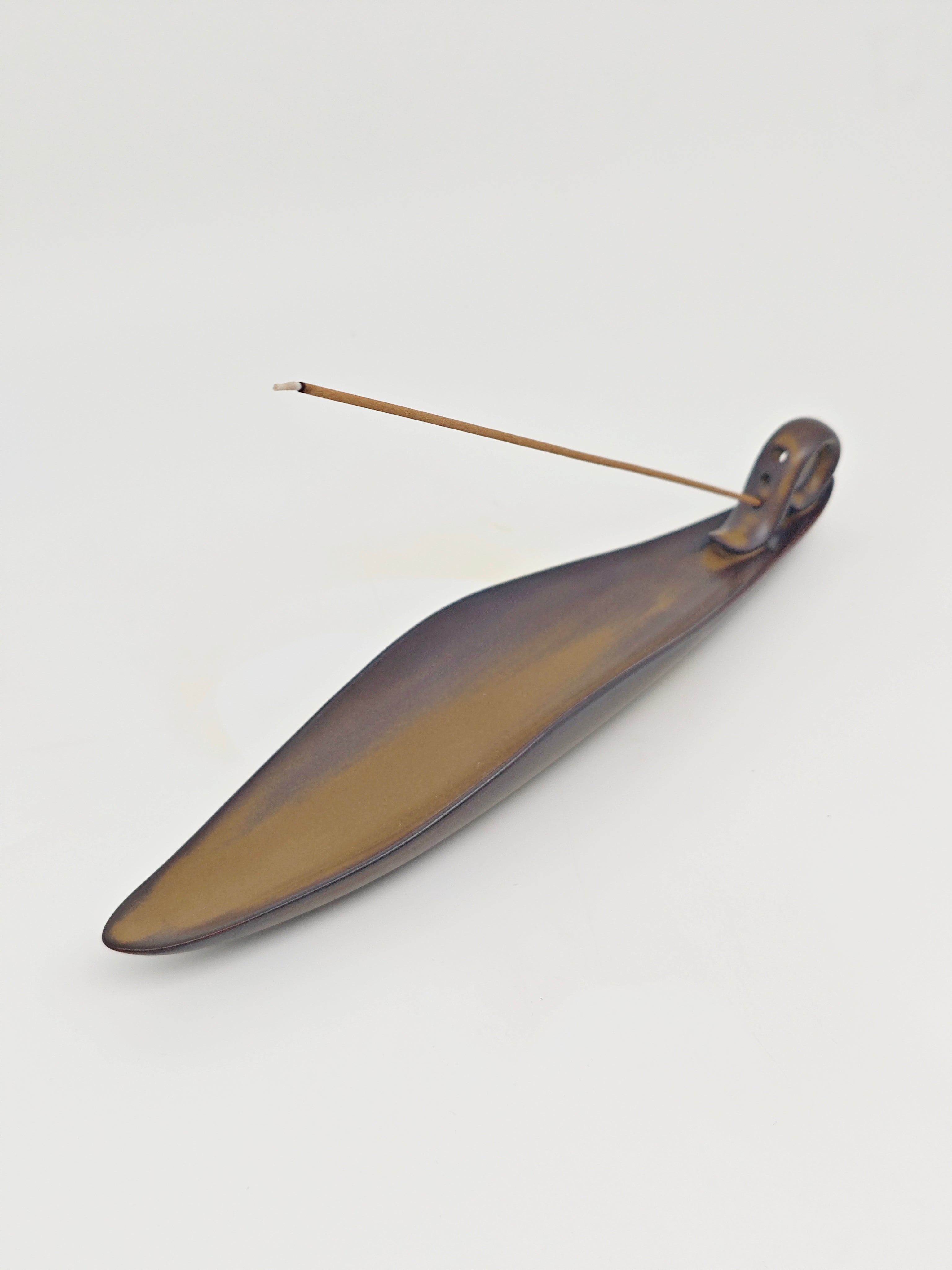 Ceramic Reflux Incense Burner - Decorative Incense Burner Biblo - Smooth Bronze Nature Sleek Curved Leaf Burner 23cm BIB-17 - DOMEDBAZAAR