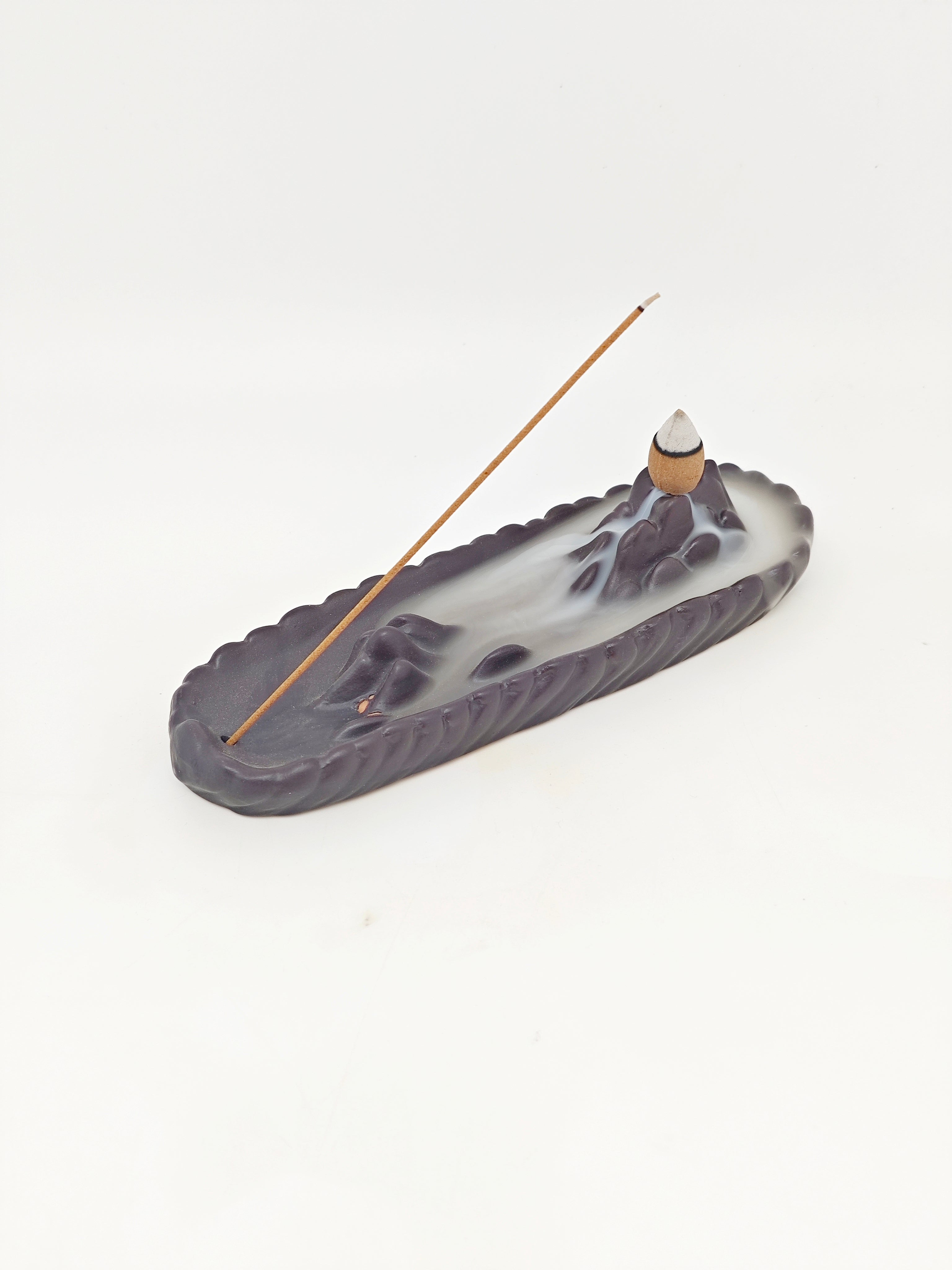 Ceramic Reflux Incense Burner - Decorative Incense Burner Biblo - Rectangular Tray Mountain Landscape Design Burner 19cm BIB-27 - DOMEDBAZAAR