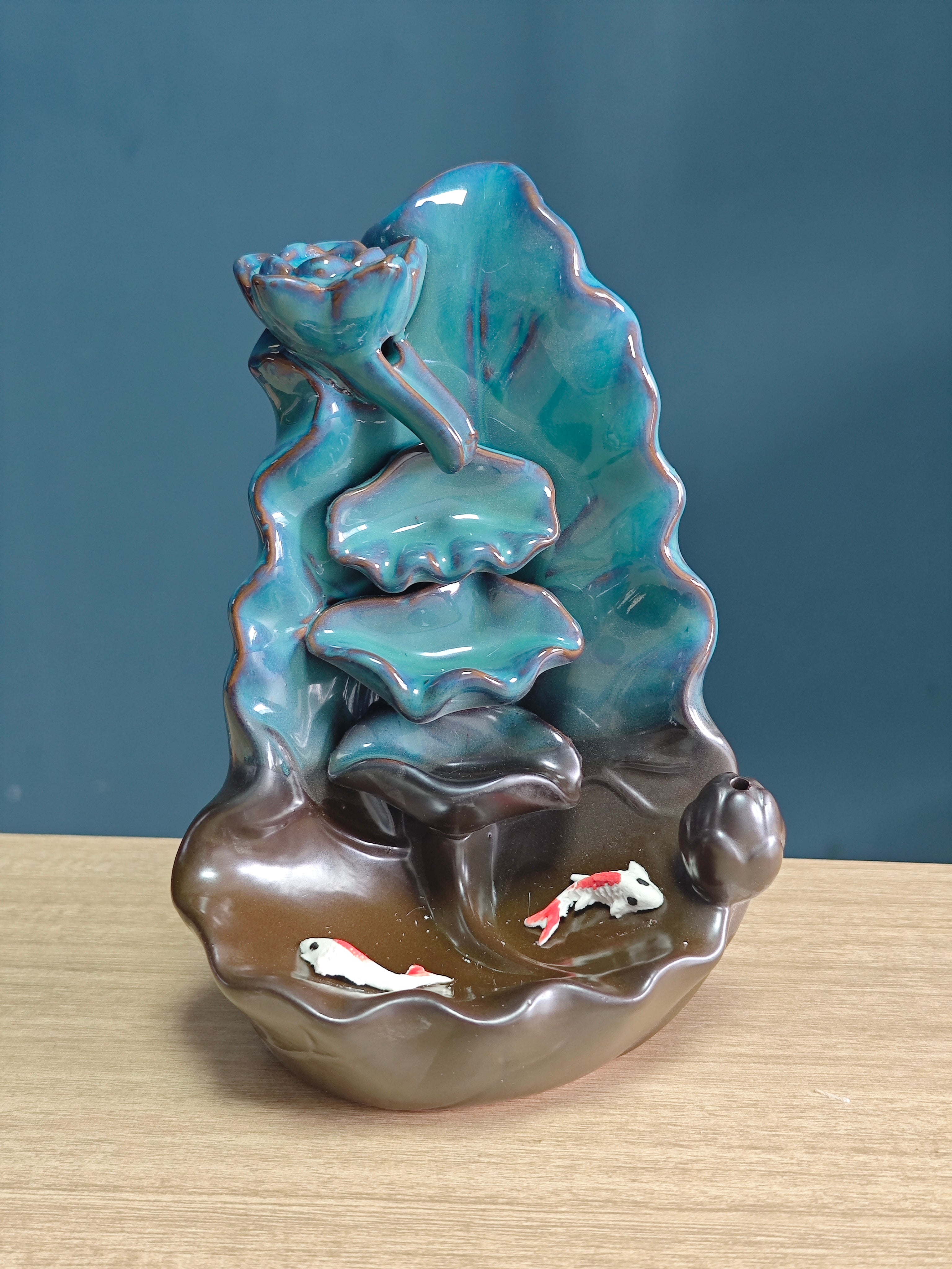Ceramic Reflux Incense Burner - Decorative Incense Burner Biblo - Artistic Koi Pond Lotus Ceramic fountain 16cm BIB-33 - DOMEDBAZAAR
