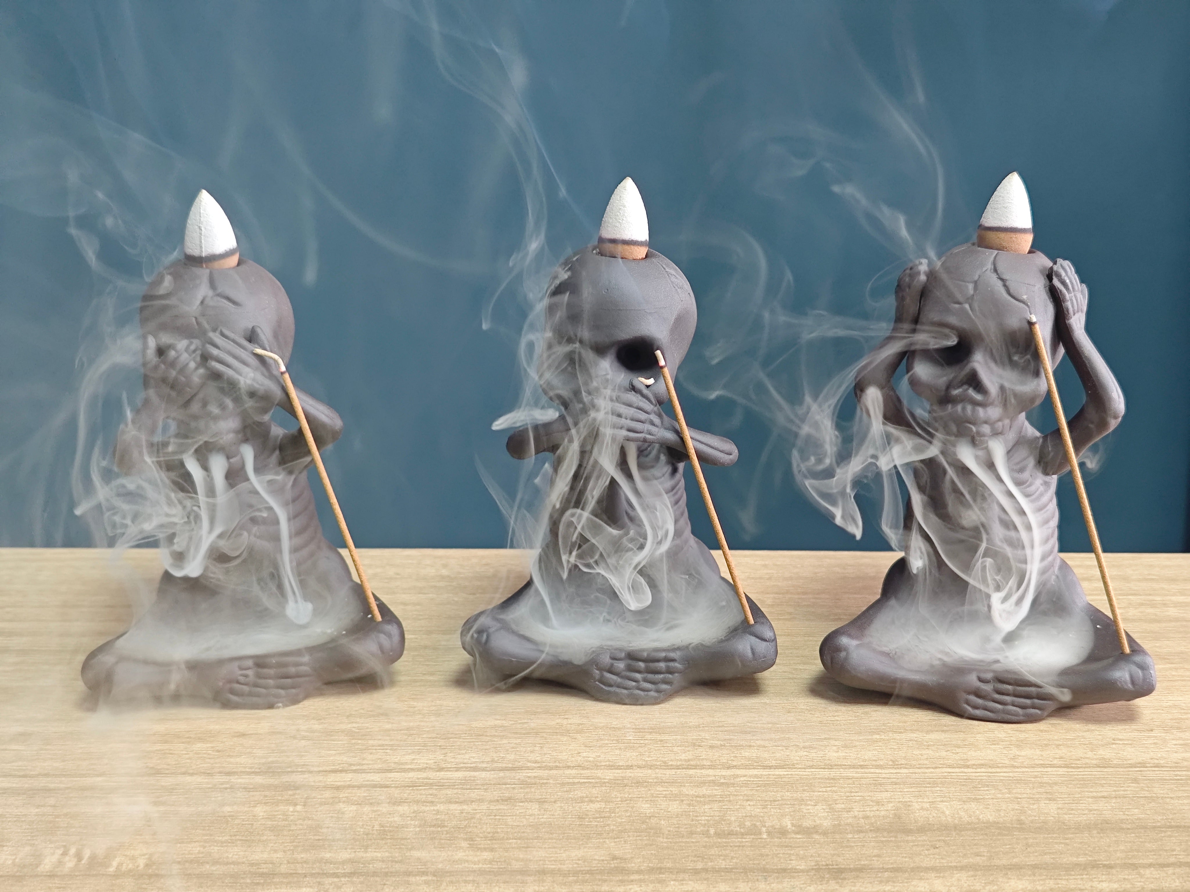Ceramic Reflux Incense Burner - Decorative Incense Burner Biblo - Artistic Skeleton Figurine Set See Hear Speak No Evil Skeletons Burner 11.5cm BIB-38/39/40 - DOMEDBAZAAR
