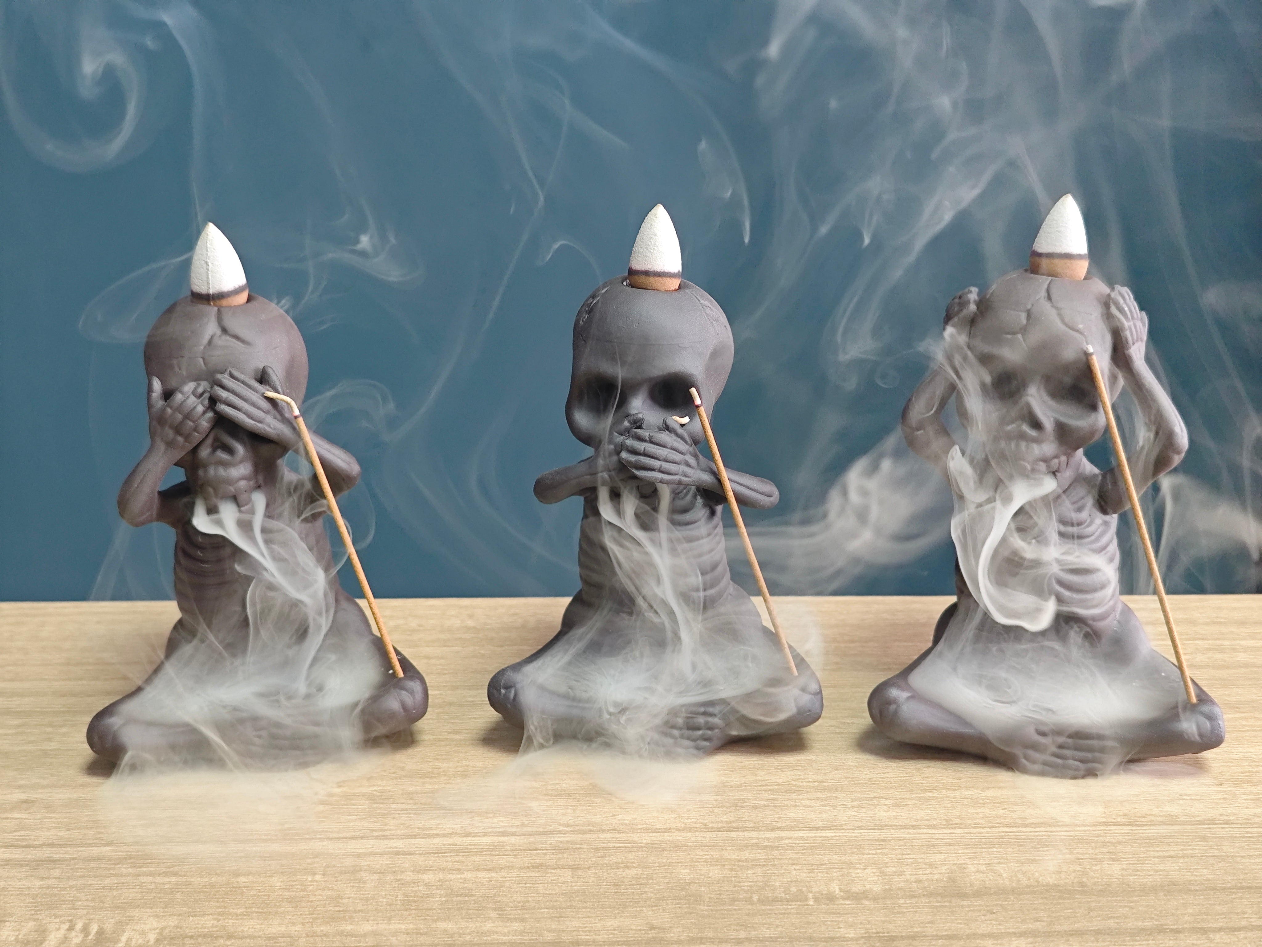 Ceramic Reflux Incense Burner - Decorative Incense Burner Biblo - Artistic Skeleton Figurine Set See Hear Speak No Evil Skeletons Burner 11.5cm BIB-38/39/40 - DOMEDBAZAAR