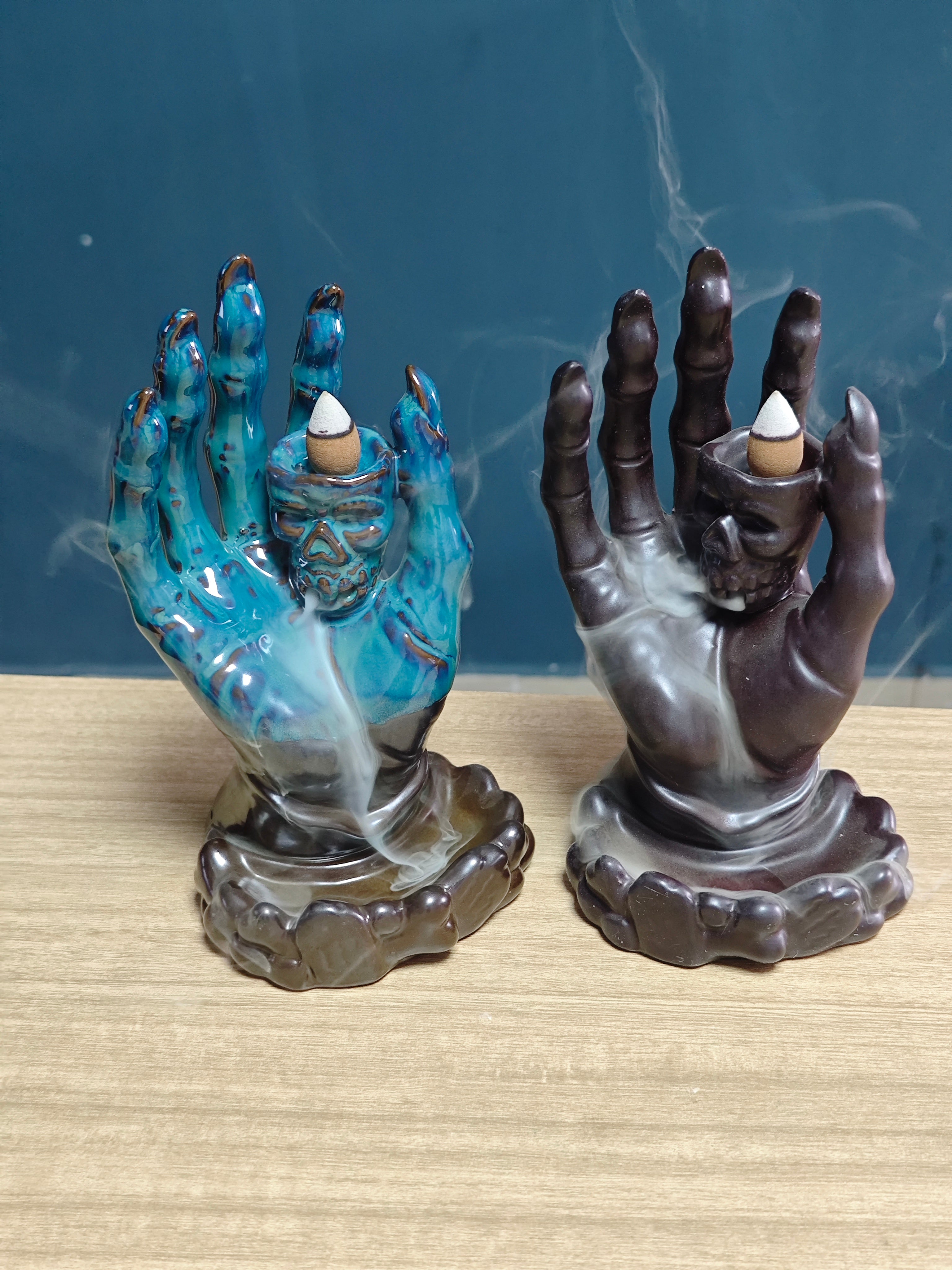 Ceramic Reflux Incense Burner - Decorative Incense Burner Biblo - Skull Mystical Hand Motif on Palm Burner Biblo 17cm BIB-48-49 - DOMEDBAZAAR