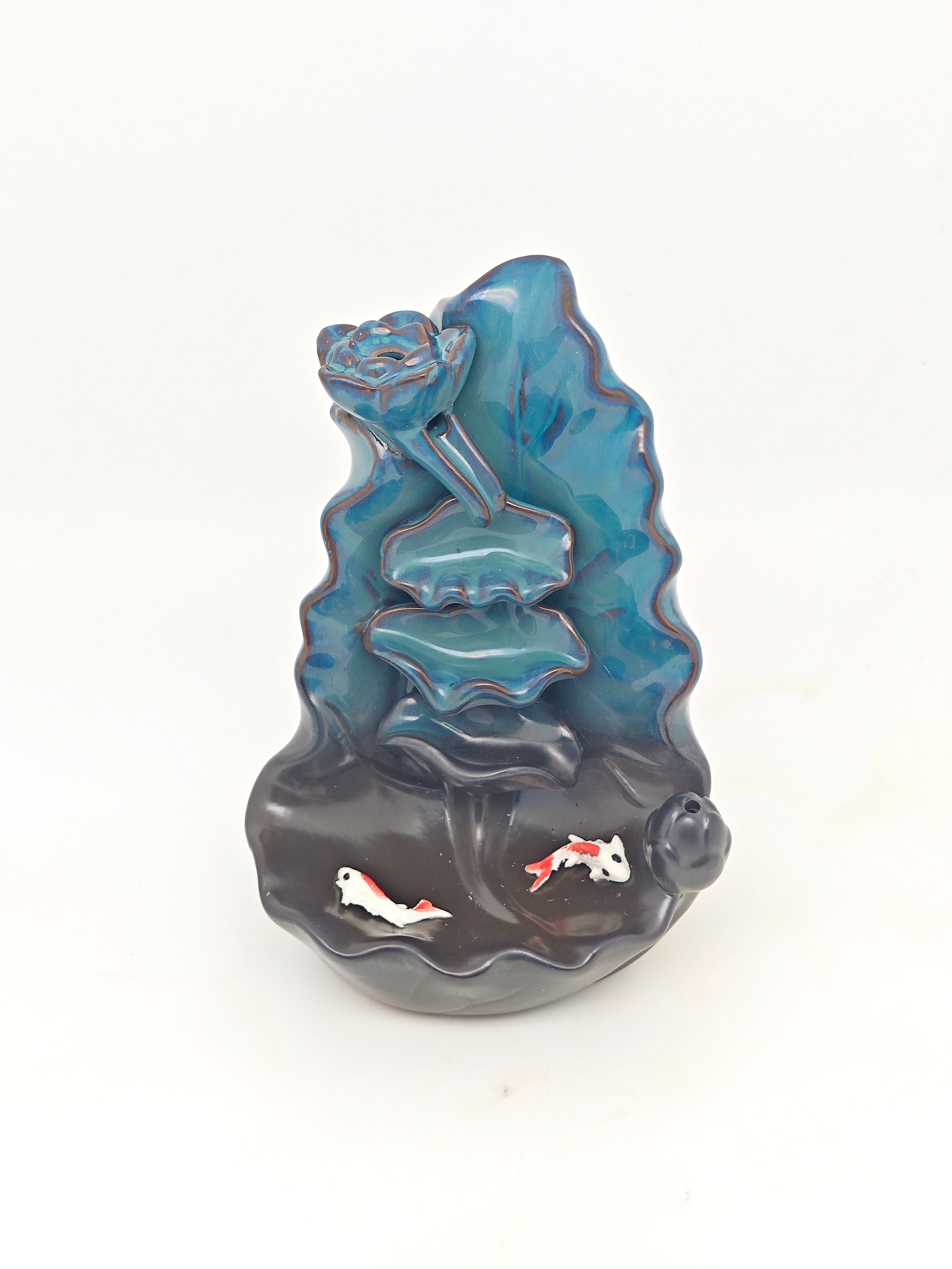 Ceramic Reflux Incense Burner - Decorative Incense Burner Biblo - Artistic Koi Pond Lotus Ceramic fountain 16cm BIB-33 - DOMEDBAZAAR