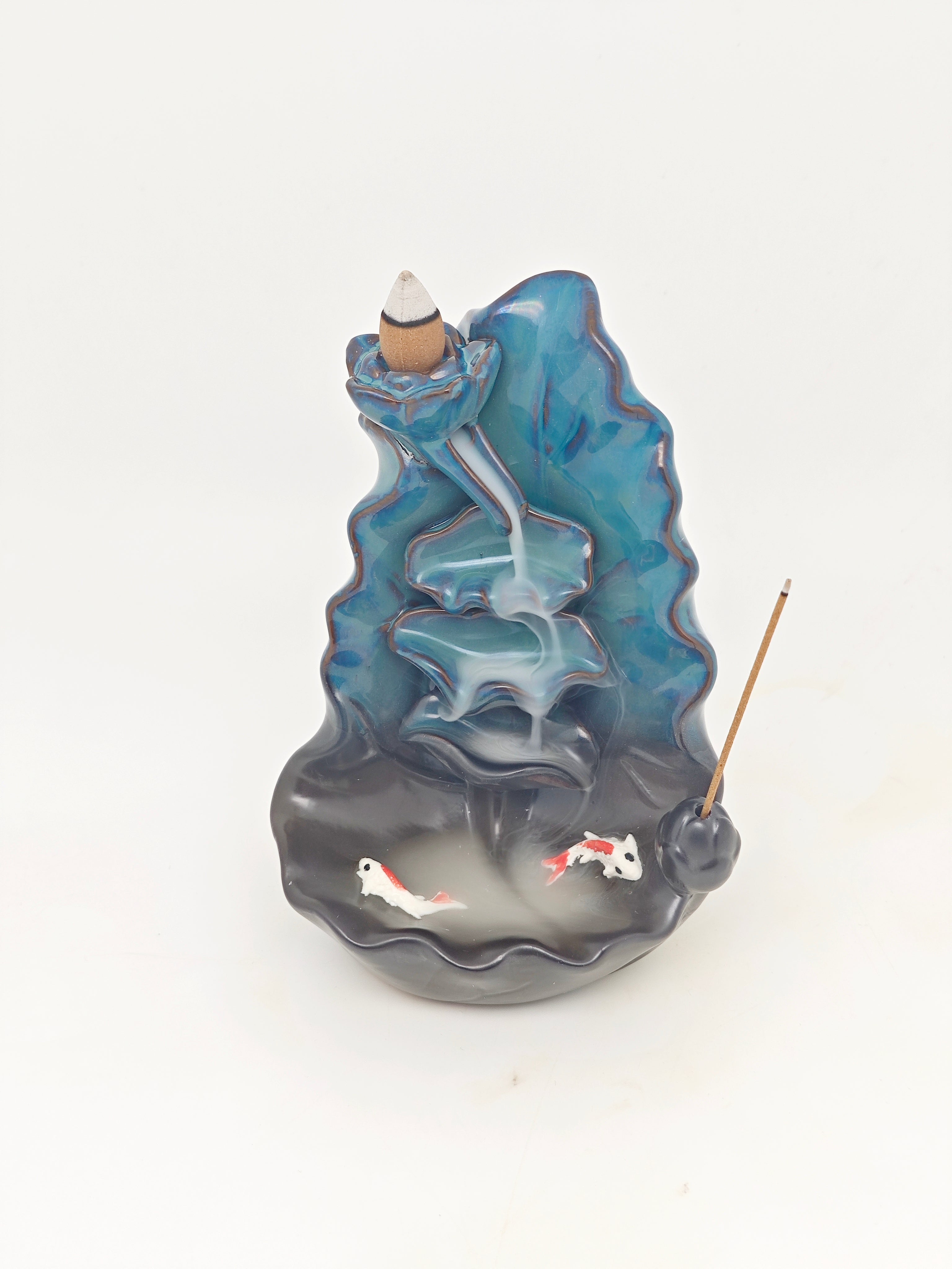 Ceramic Reflux Incense Burner - Decorative Incense Burner Biblo - Artistic Koi Pond Lotus Ceramic fountain 16cm BIB-33 - DOMEDBAZAAR