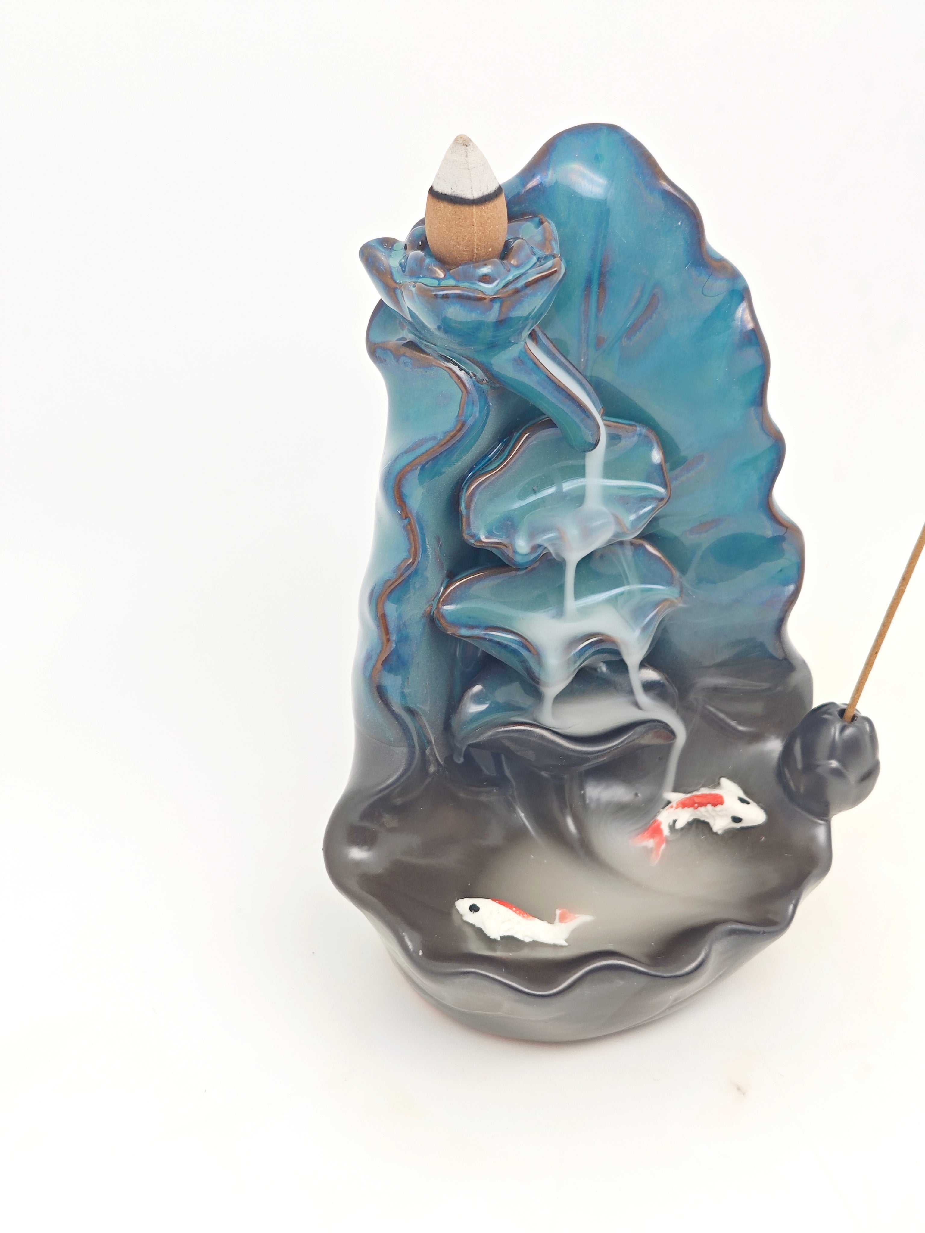 Ceramic Reflux Incense Burner - Decorative Incense Burner Biblo - Artistic Koi Pond Lotus Ceramic fountain 16cm BIB-33 - DOMEDBAZAAR