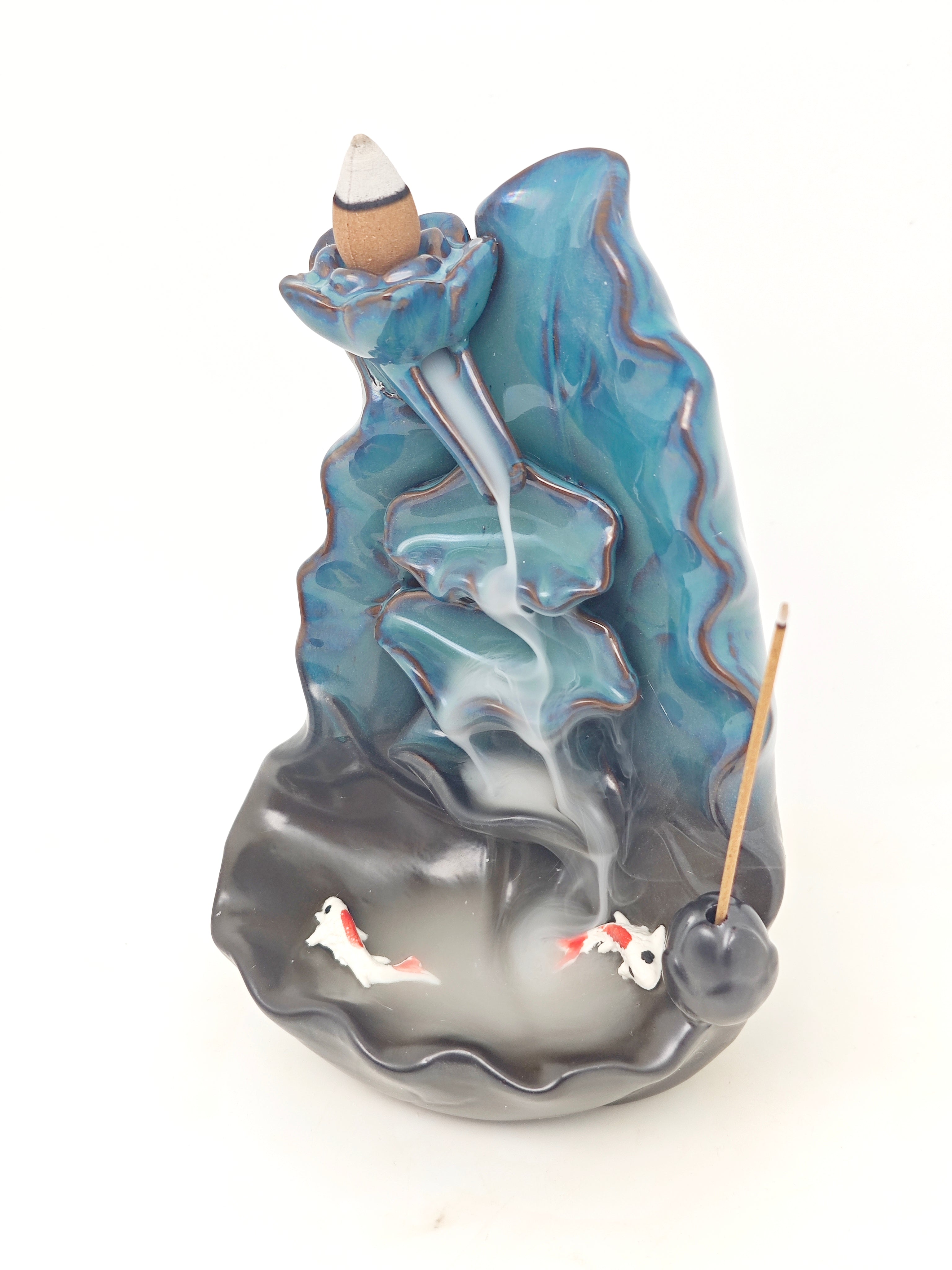 Ceramic Reflux Incense Burner - Decorative Incense Burner Biblo - Artistic Koi Pond Lotus Ceramic fountain 16cm BIB-33 - DOMEDBAZAAR