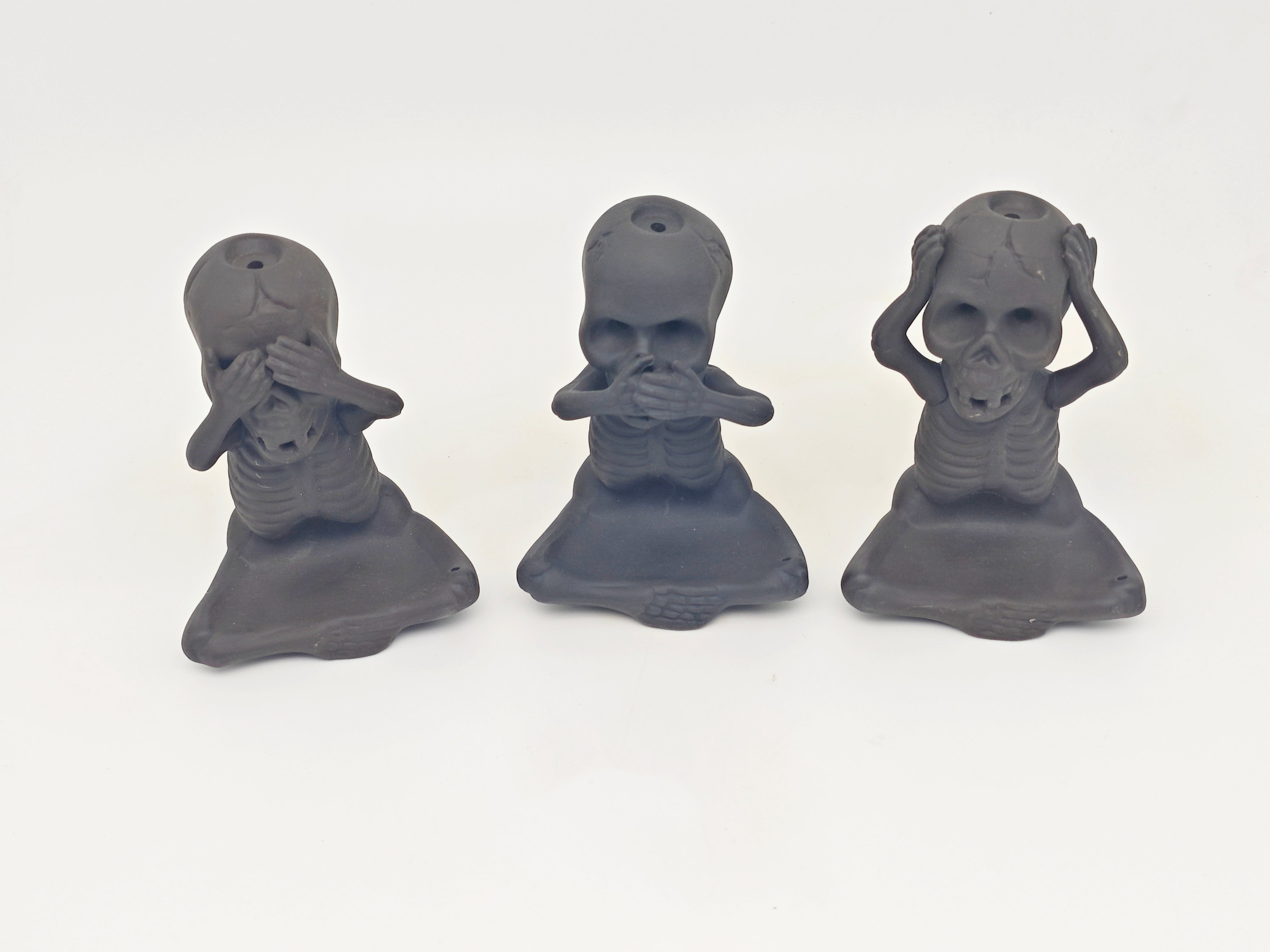 Ceramic Reflux Incense Burner - Decorative Incense Burner Biblo - Artistic Skeleton Figurine Set See Hear Speak No Evil Skeletons Burner 11.5cm BIB-38/39/40 - DOMEDBAZAAR