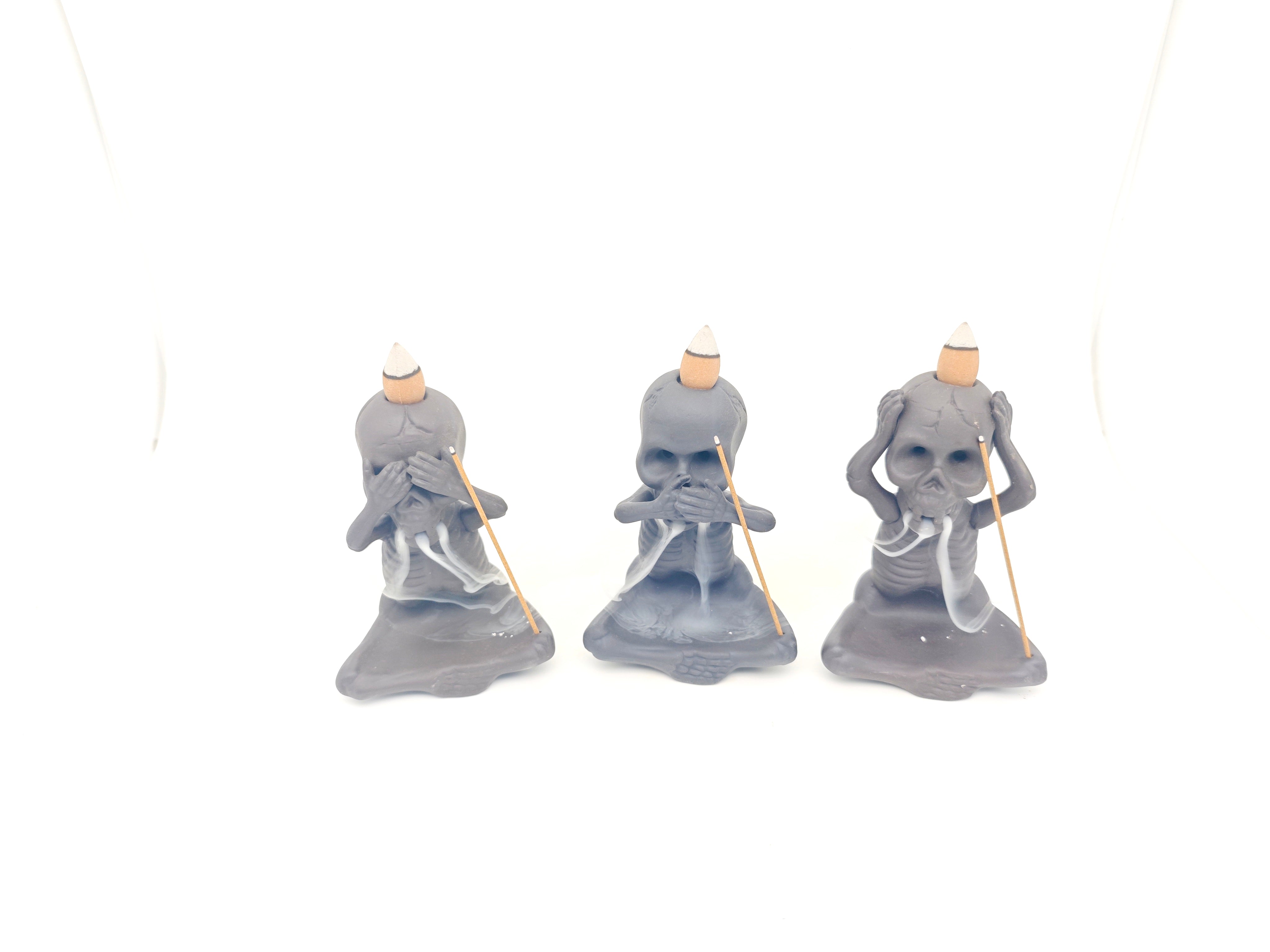 Ceramic Reflux Incense Burner - Decorative Incense Burner Biblo - Artistic Skeleton Figurine Set See Hear Speak No Evil Skeletons Burner 11.5cm BIB-38/39/40 - DOMEDBAZAAR