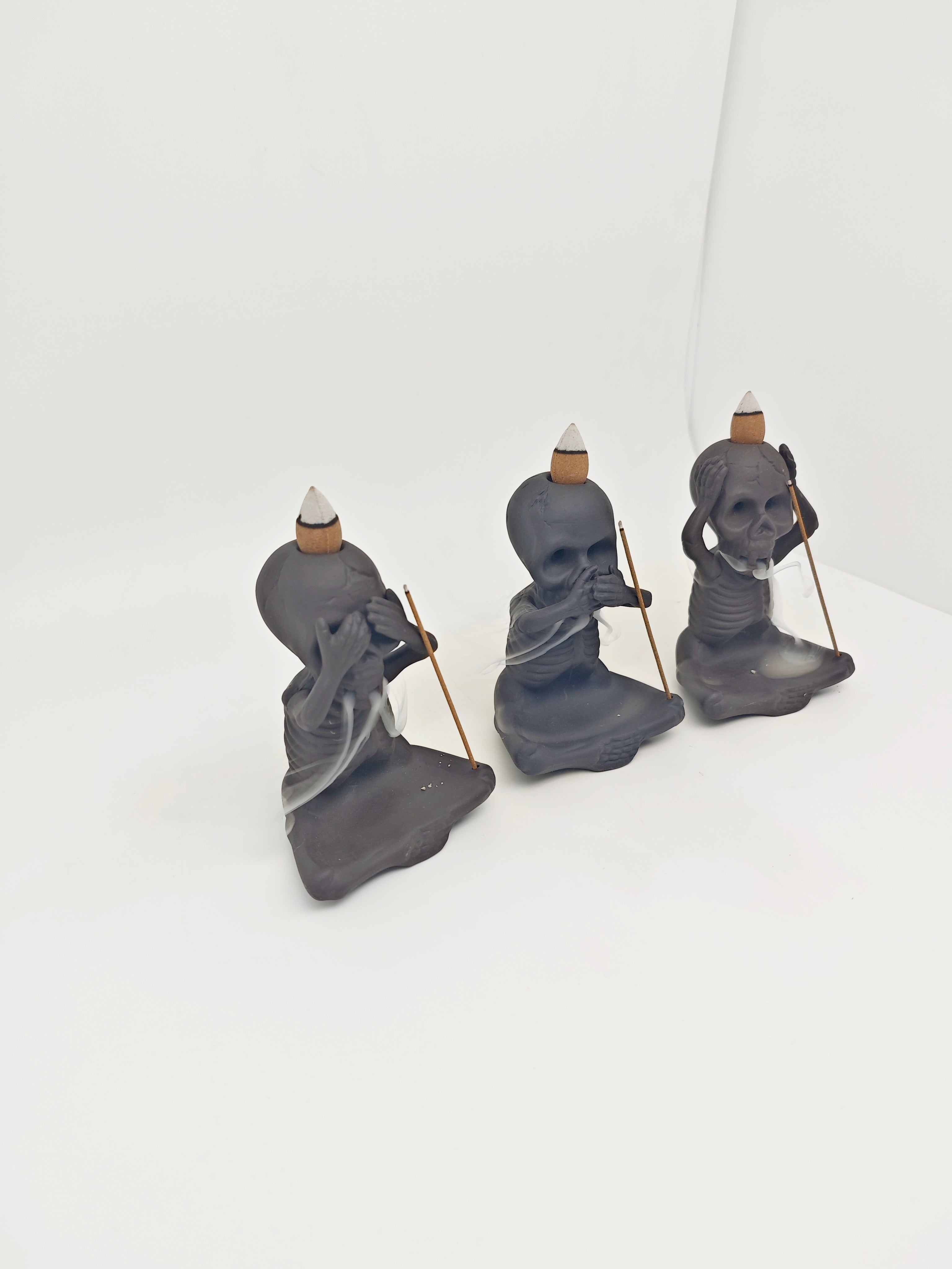 Ceramic Reflux Incense Burner - Decorative Incense Burner Biblo - Artistic Skeleton Figurine Set See Hear Speak No Evil Skeletons Burner 11.5cm BIB-38/39/40 - DOMEDBAZAAR
