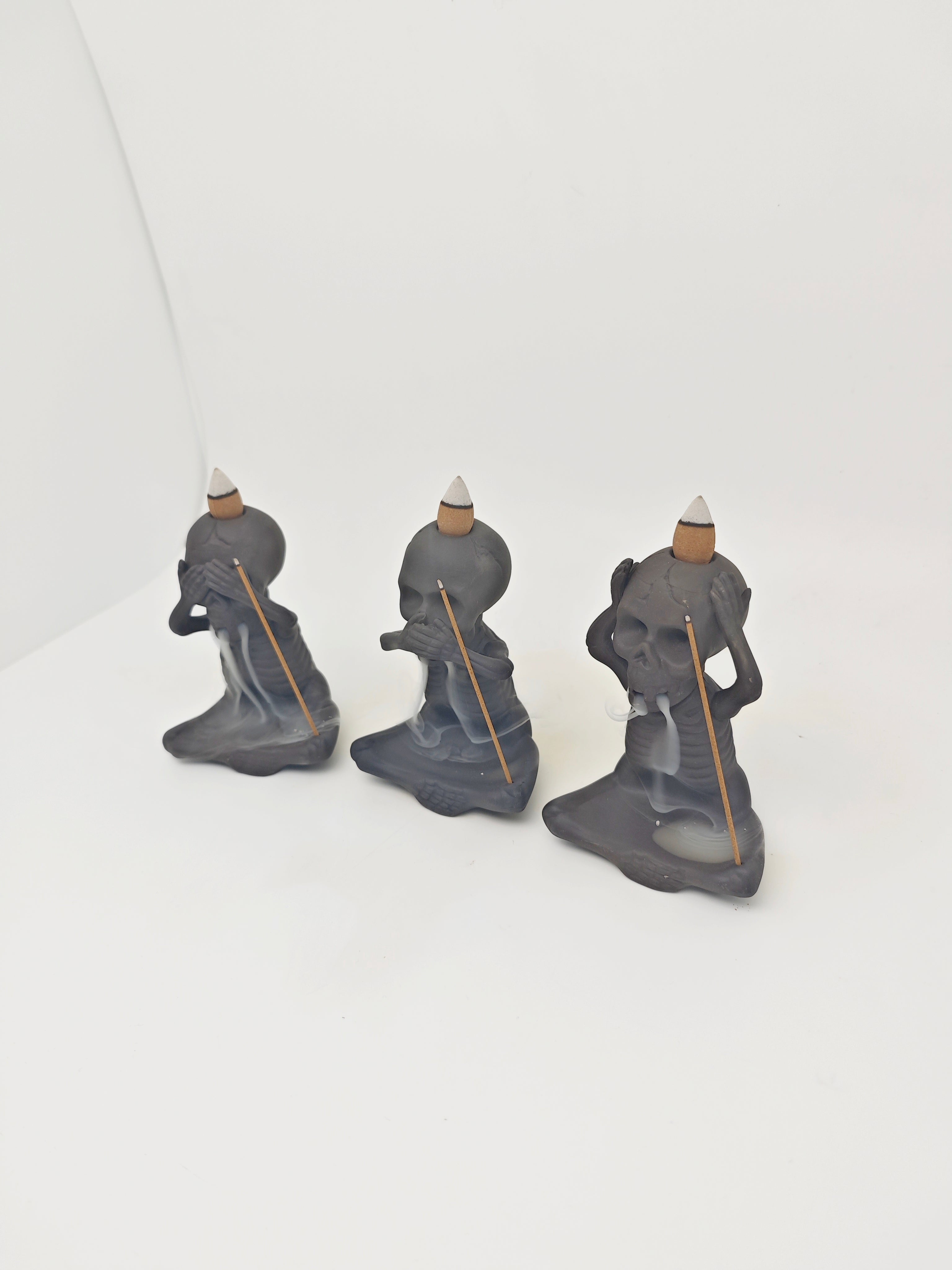 Ceramic Reflux Incense Burner - Decorative Incense Burner Biblo - Artistic Skeleton Figurine Set See Hear Speak No Evil Skeletons Burner 11.5cm BIB-38/39/40 - DOMEDBAZAAR