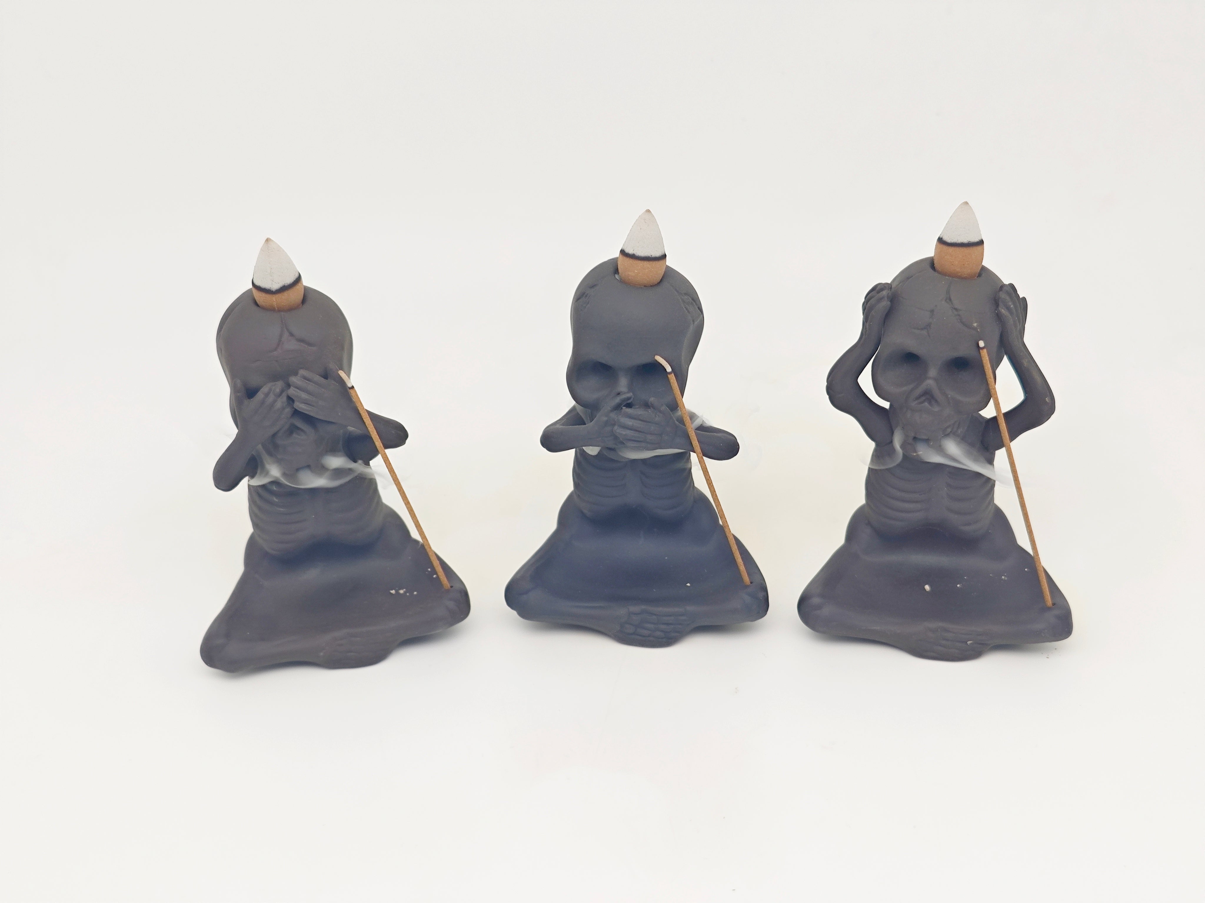 Ceramic Reflux Incense Burner - Decorative Incense Burner Biblo - Artistic Skeleton Figurine Set See Hear Speak No Evil Skeletons Burner 11.5cm BIB-38/39/40 - DOMEDBAZAAR