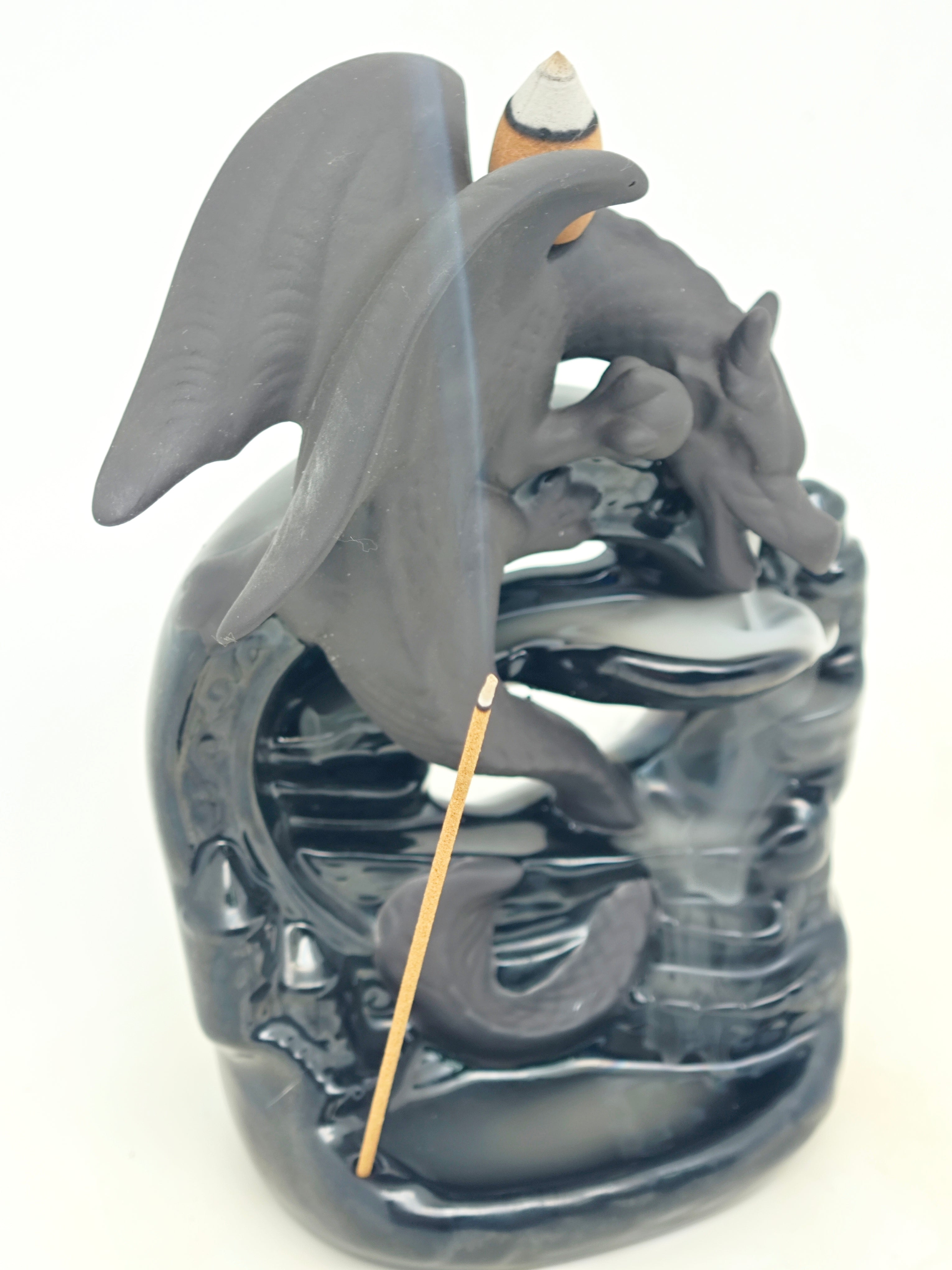 Ceramic Reflux Incense Burner - Decorative Incense Burner Biblo - Artistic Winged Dragon and Fountain Burner 16cm BIB-31 - DOMEDBAZAAR