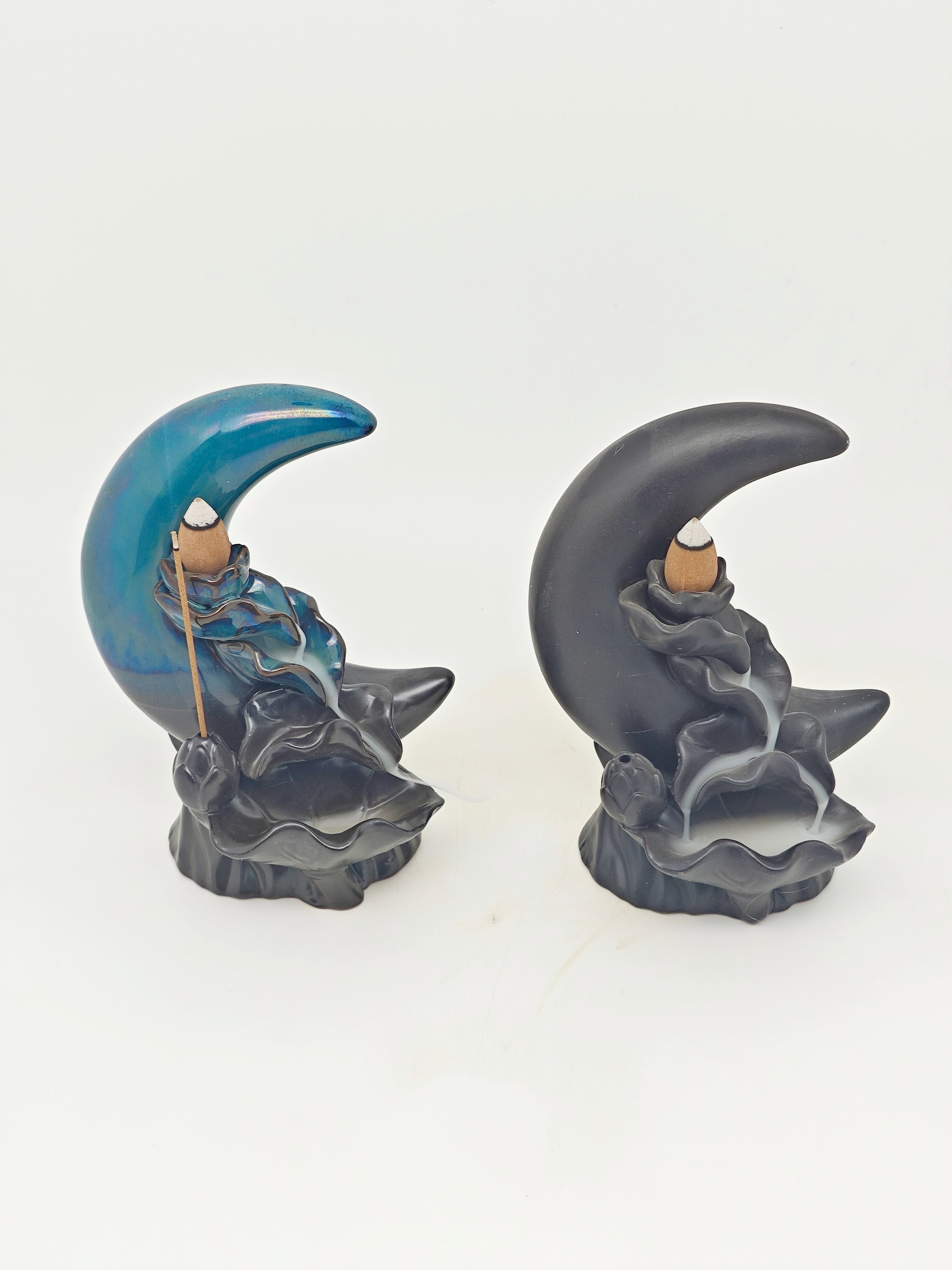 Ceramic Reflux Incense Burner - Decorative Incense Burner Biblo - Lotus Petal Crescent Moon Smoke Cascade Effect Burner 16cm BIB-44/45 - DOMEDBAZAAR
