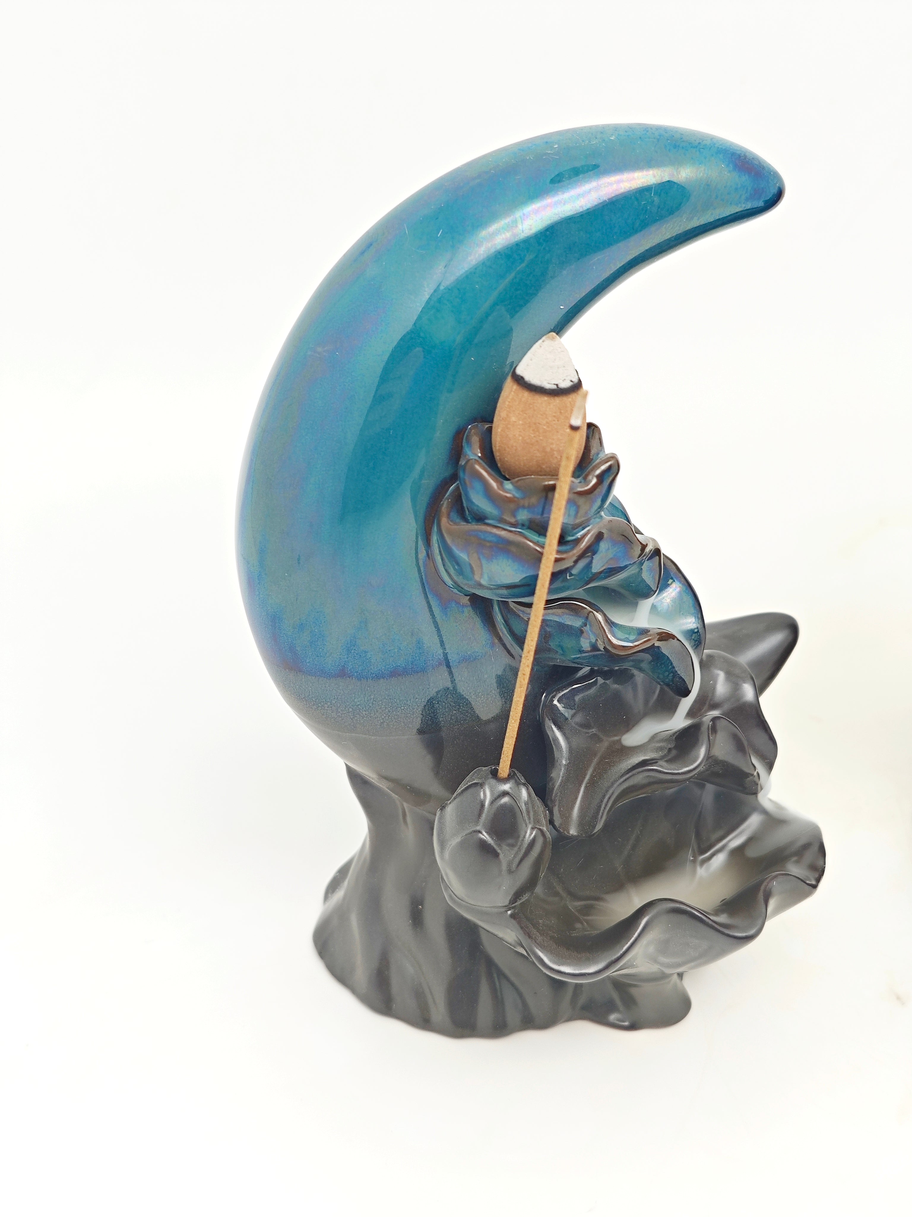 Ceramic Reflux Incense Burner - Decorative Incense Burner Biblo - Lotus Petal Crescent Moon Smoke Cascade Effect Burner 16cm BIB-44/45 - DOMEDBAZAAR