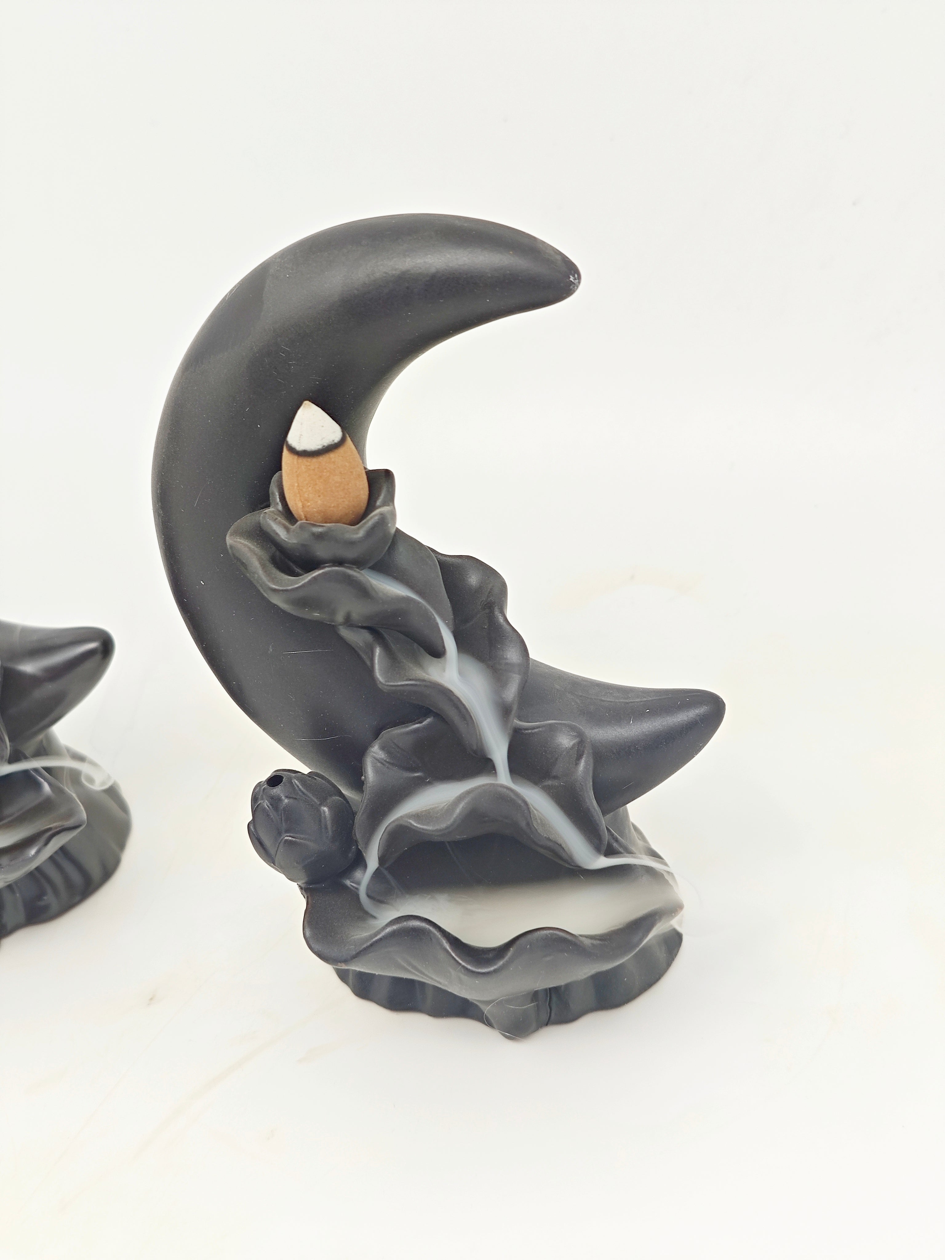 Ceramic Reflux Incense Burner - Decorative Incense Burner Biblo - Lotus Petal Crescent Moon Smoke Cascade Effect Burner 16cm BIB-44/45 - DOMEDBAZAAR