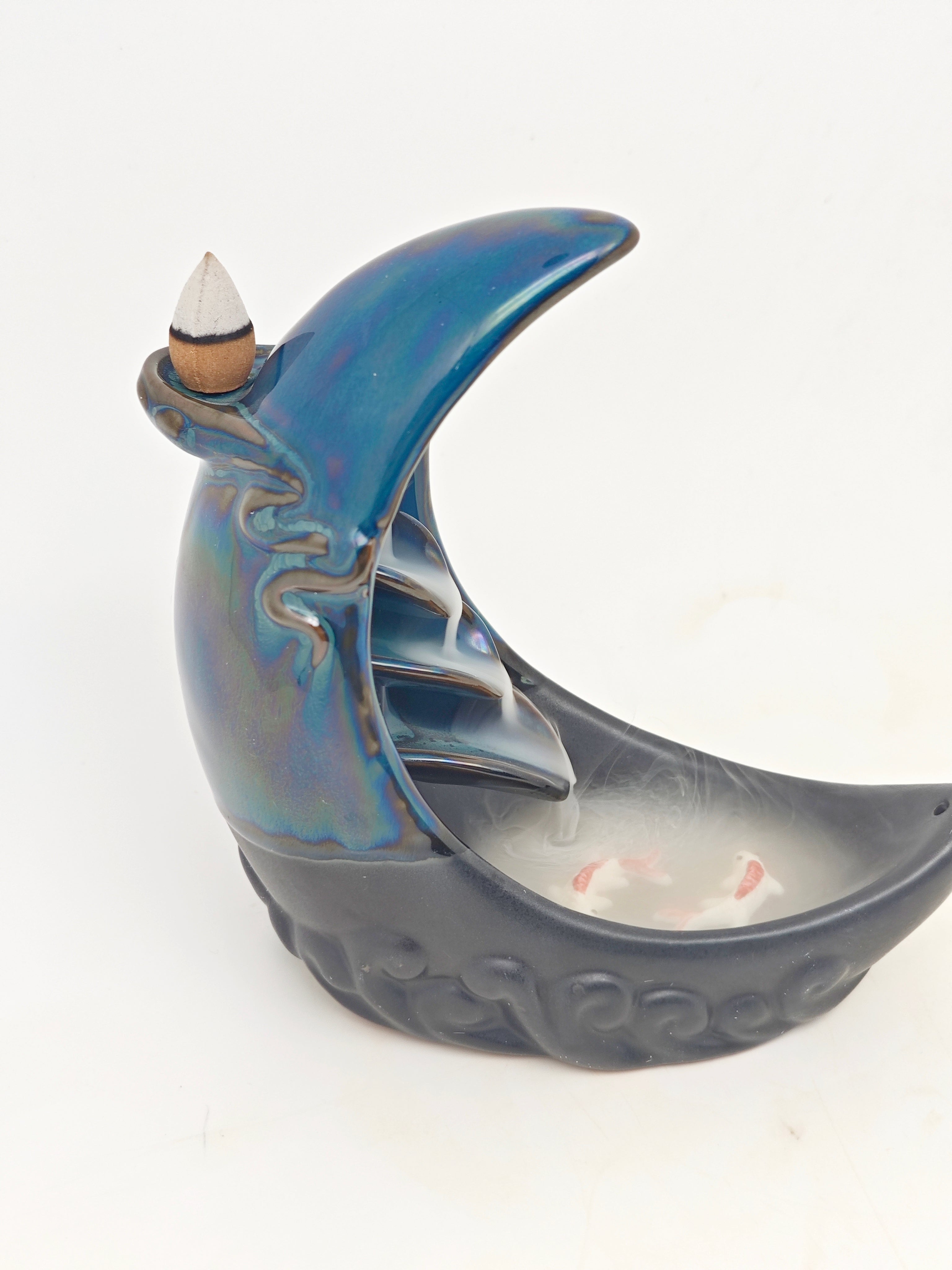 Ceramic Reflux Incense Burner - Decorative Incense Burner Biblo - Artistic Crescent Moon Glazed Ceramic Burner 15.5cm BIB-46 - DOMEDBAZAAR