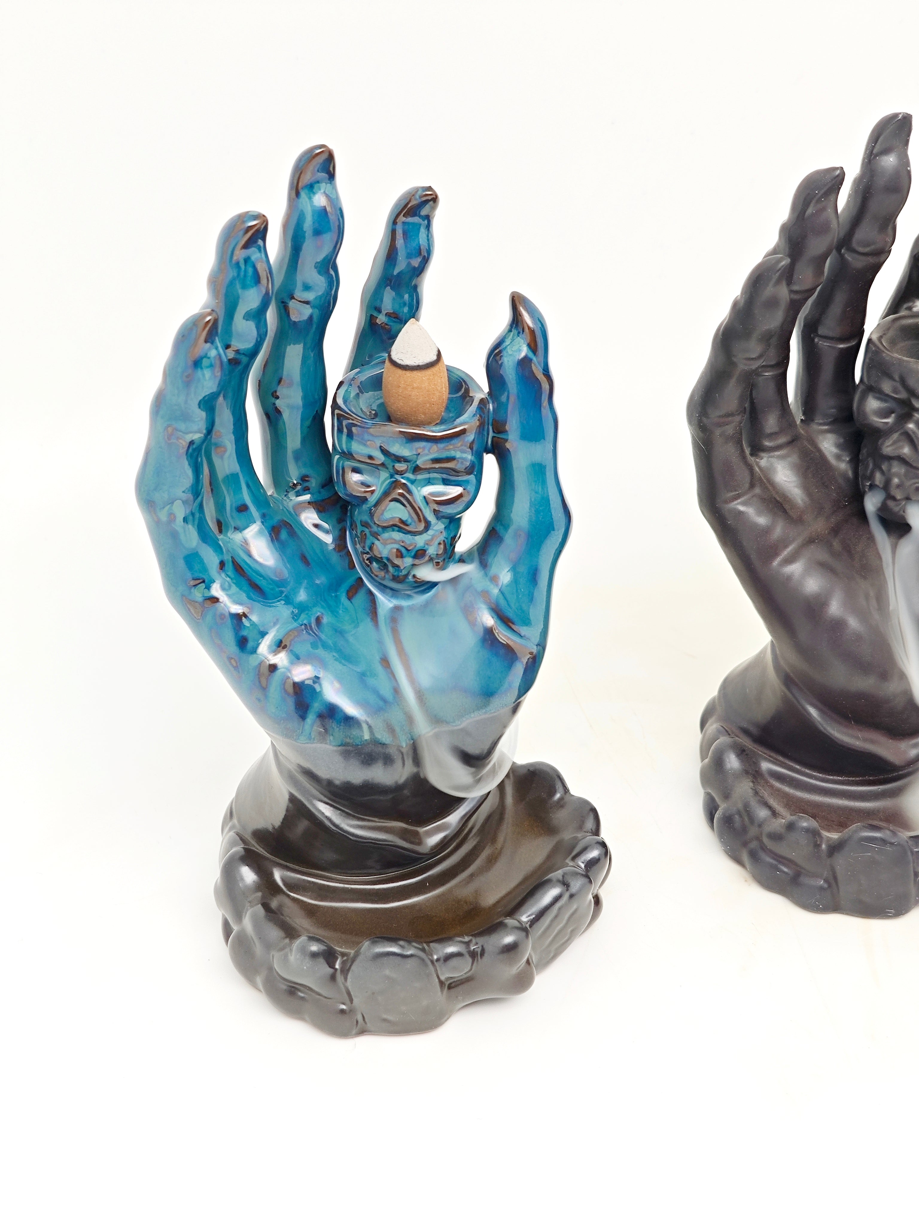 Ceramic Reflux Incense Burner - Decorative Incense Burner Biblo - Skull Mystical Hand Motif on Palm Burner Biblo 17cm BIB-48-49 - DOMEDBAZAAR