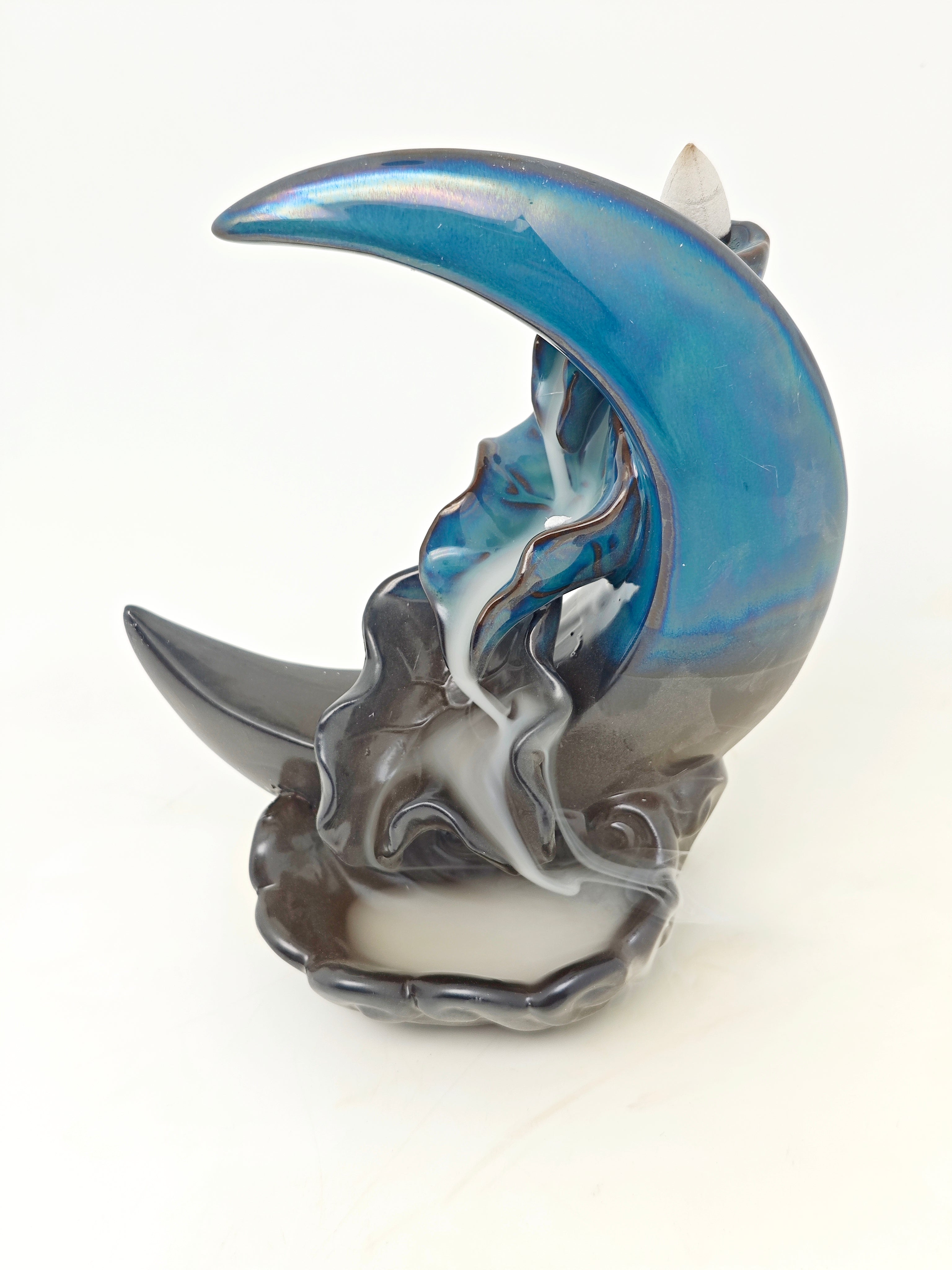 Ceramic Reflux Incense Burner - Decorative Incense Burner Biblo - Artistic Crescent Moon Wavy Louts Burner 16cm BIB-51 - DOMEDBAZAAR
