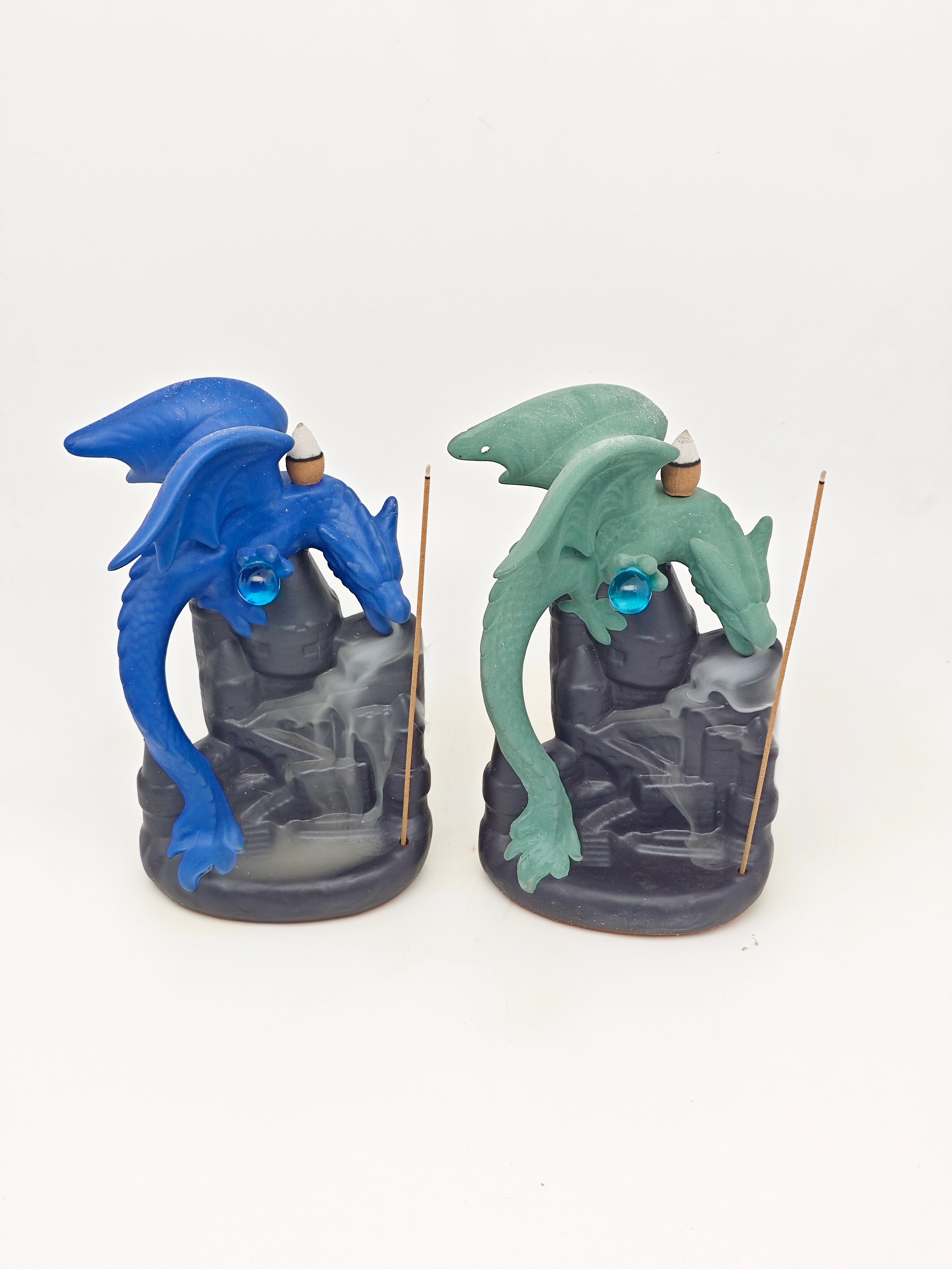 Ceramic Reflux Incense Burner - Decorative Incense Burner Biblo - Blue and Green Winged Crystal Dragon Burner 18cm BIB-62/63 - DOMEDBAZAAR