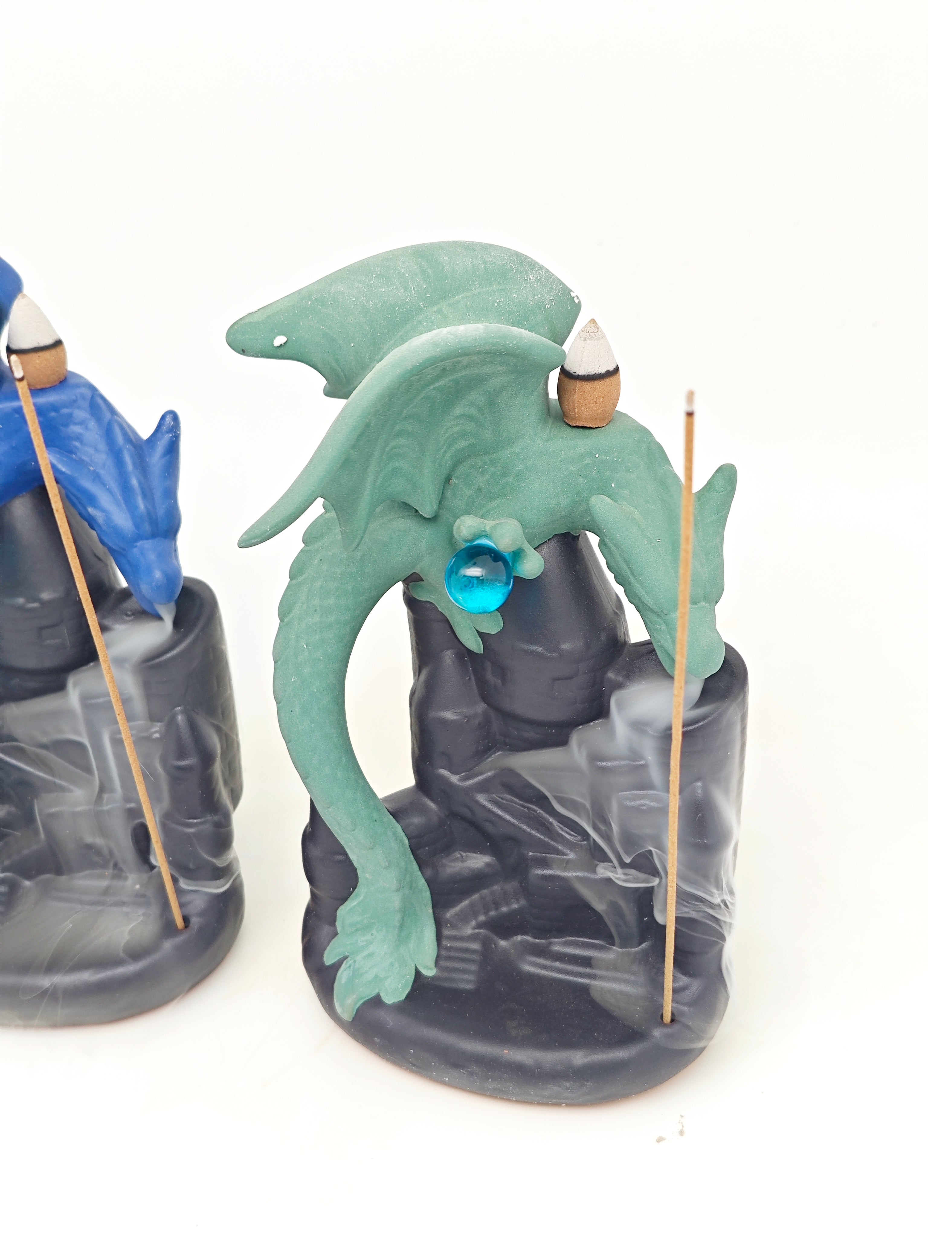 Ceramic Reflux Incense Burner - Decorative Incense Burner Biblo - Blue and Green Winged Crystal Dragon Burner 18cm BIB-62/63 - DOMEDBAZAAR