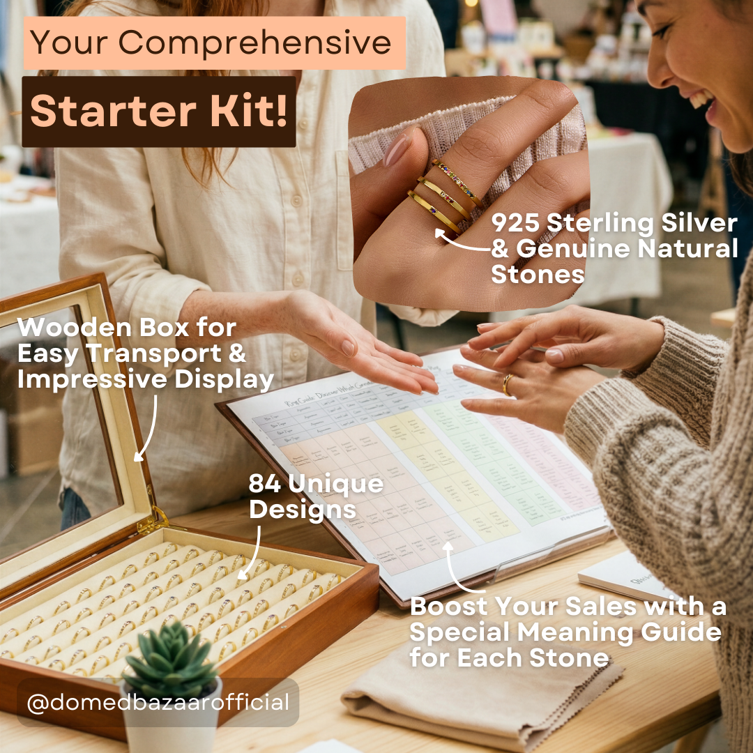 Gemstone Stacking Rings - 84pcs SET for Retailers - Sterling Silver Minimalist Ring with Natural Stone - Dainty Gold-Plated Sterling Silver Rings with High Quality Wooden Box