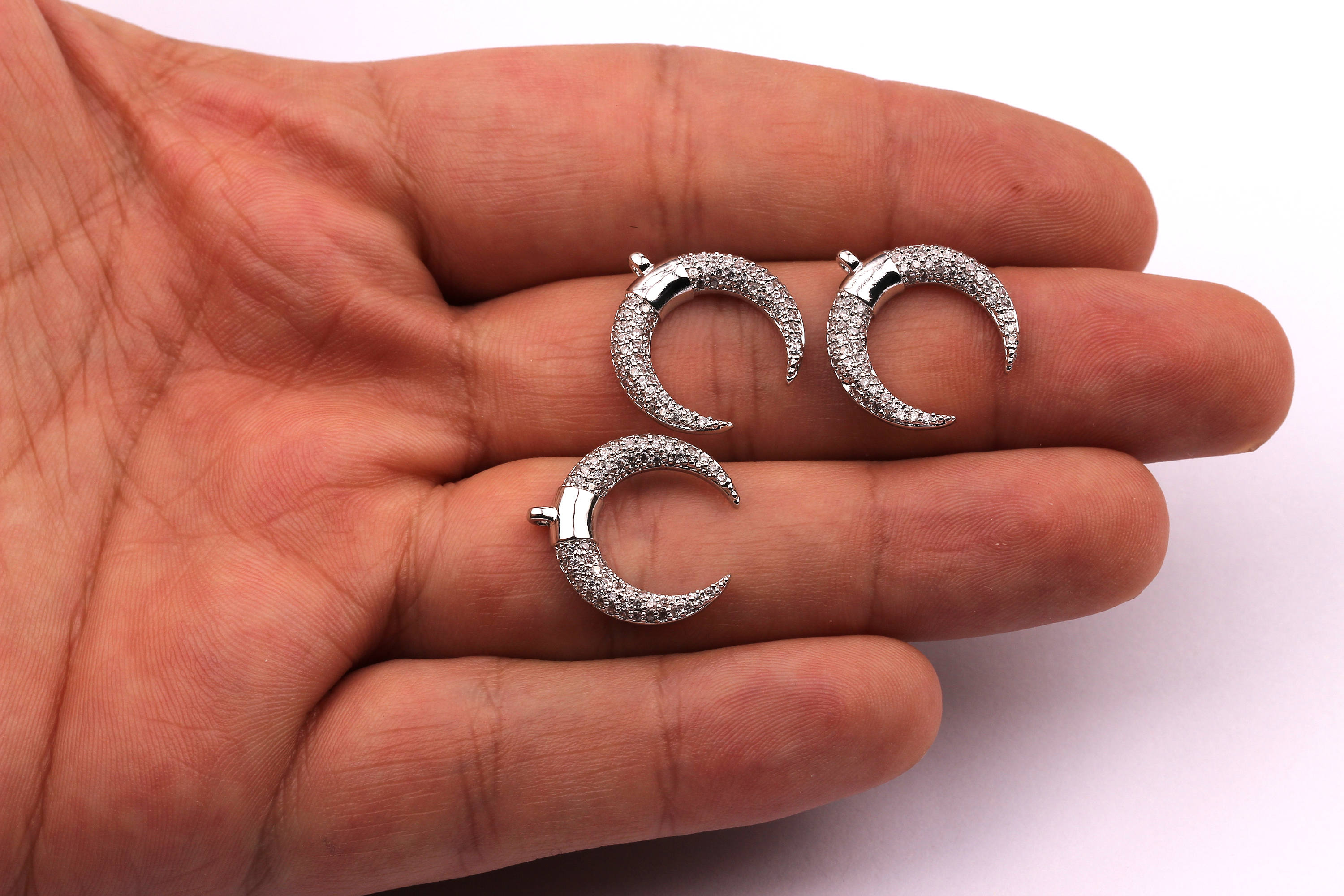 Crescent Micro Pave Pendant - Zircon Earring Charms - Crescent Moon Shaped - Silver Tone Charms - Earring Findings - 18x17x3mm - MP1001 - DOMEDBAZAAR