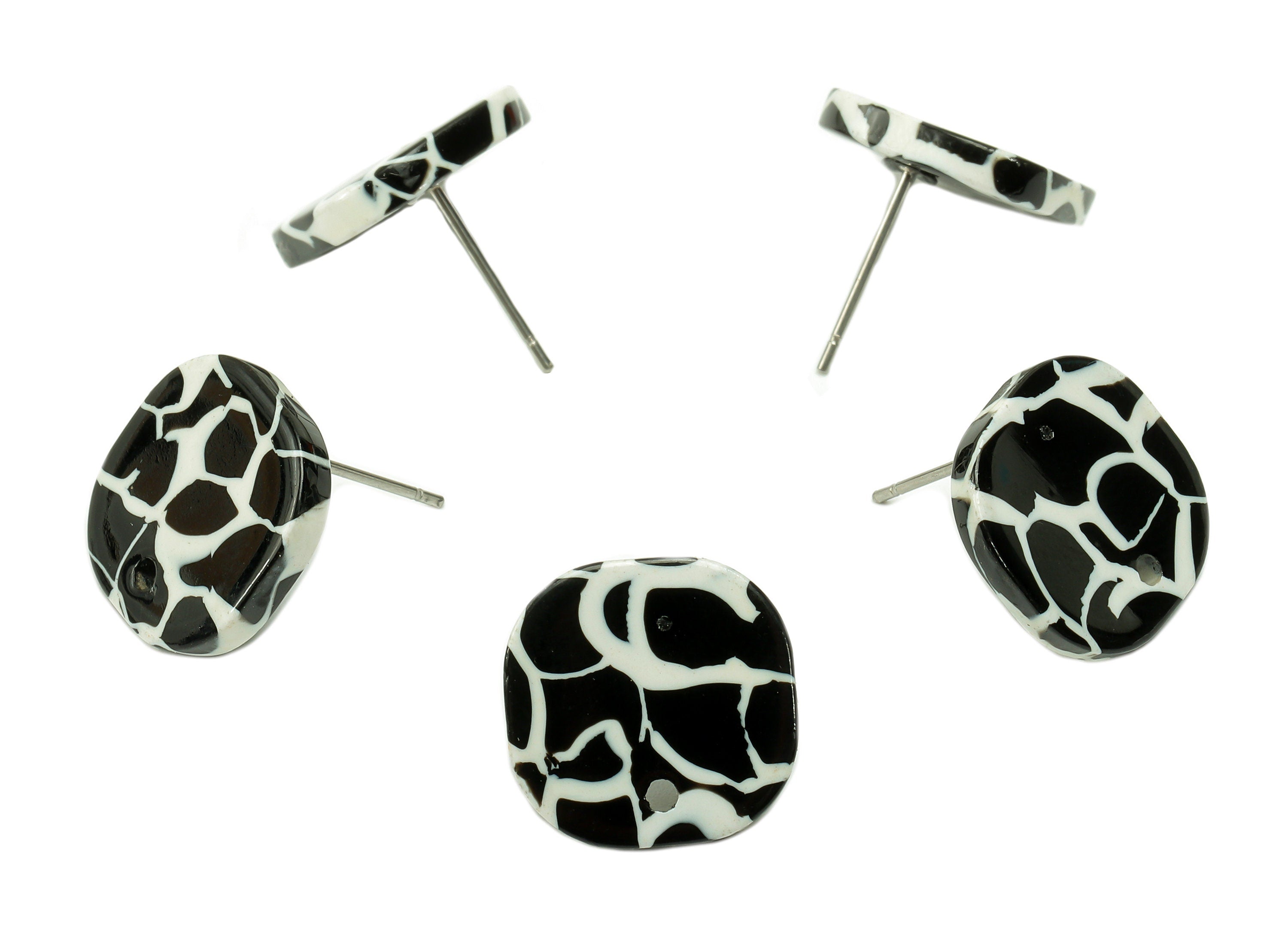 Acetate Oval Square Stud Earring - Black And White Earring Post With Hole - 316 Stainless Steel - Color Code: A847-14.7x14.6x3mm-AC2562-A847 - DOMEDBAZAAR