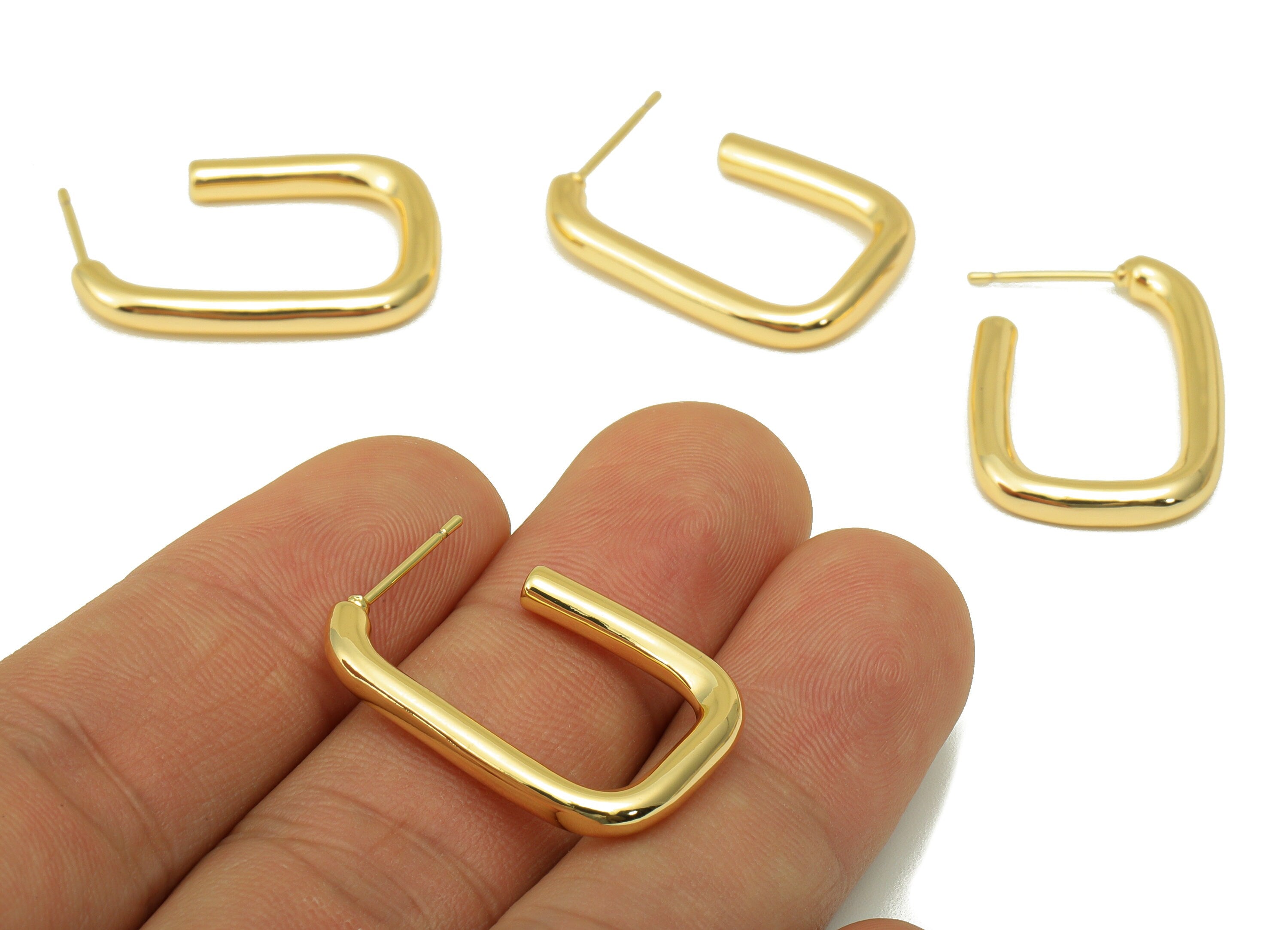 Brass Oval Rectangle Earrings Stud - Open Hoop Earring Post -Open Rectangle Hoop Earring Post - 18K Real Gold Plated -27x19x3mm- RGP6305 - DOMEDBAZAAR