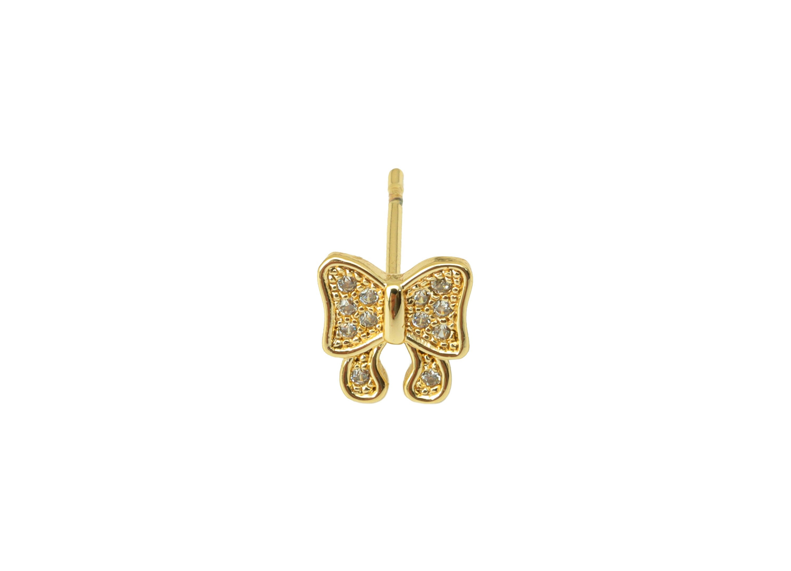 Brass Butterfly Earring Stud - Brass Butterfly Bow Earring Post -Cubic Zirconia Earring Post -18K Real Gold Plated - 7.79x7.59x1mm- RGP6418 - DOMEDBAZAAR