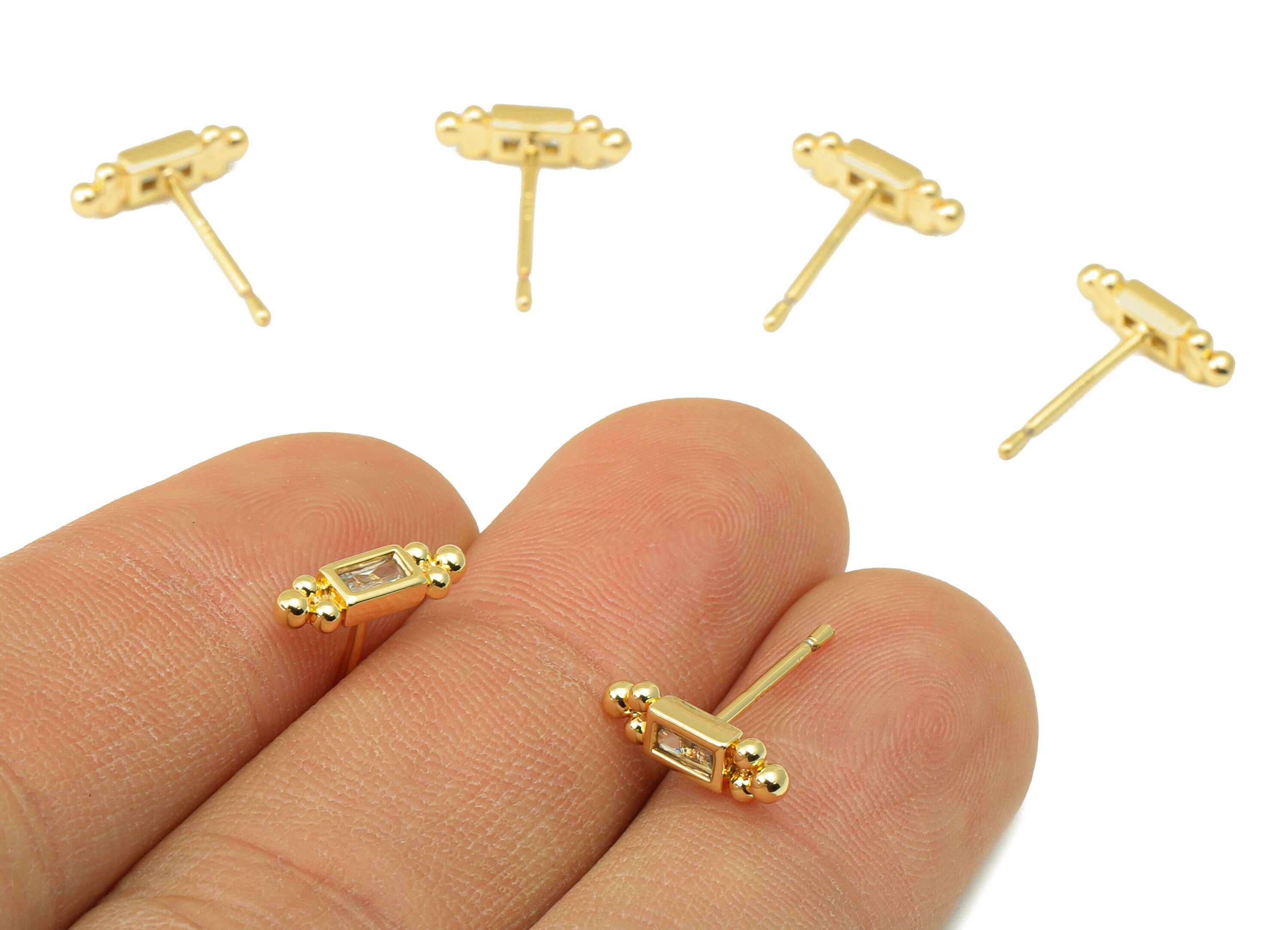 Brass Emerald Earring Stud - Brass Cubic Zirconia Tiny Earring Post -Mini Beads CZ Earring Post - 18k Real Gold plated - 12x4x1.99mm-RGP6589 - DOMEDBAZAAR