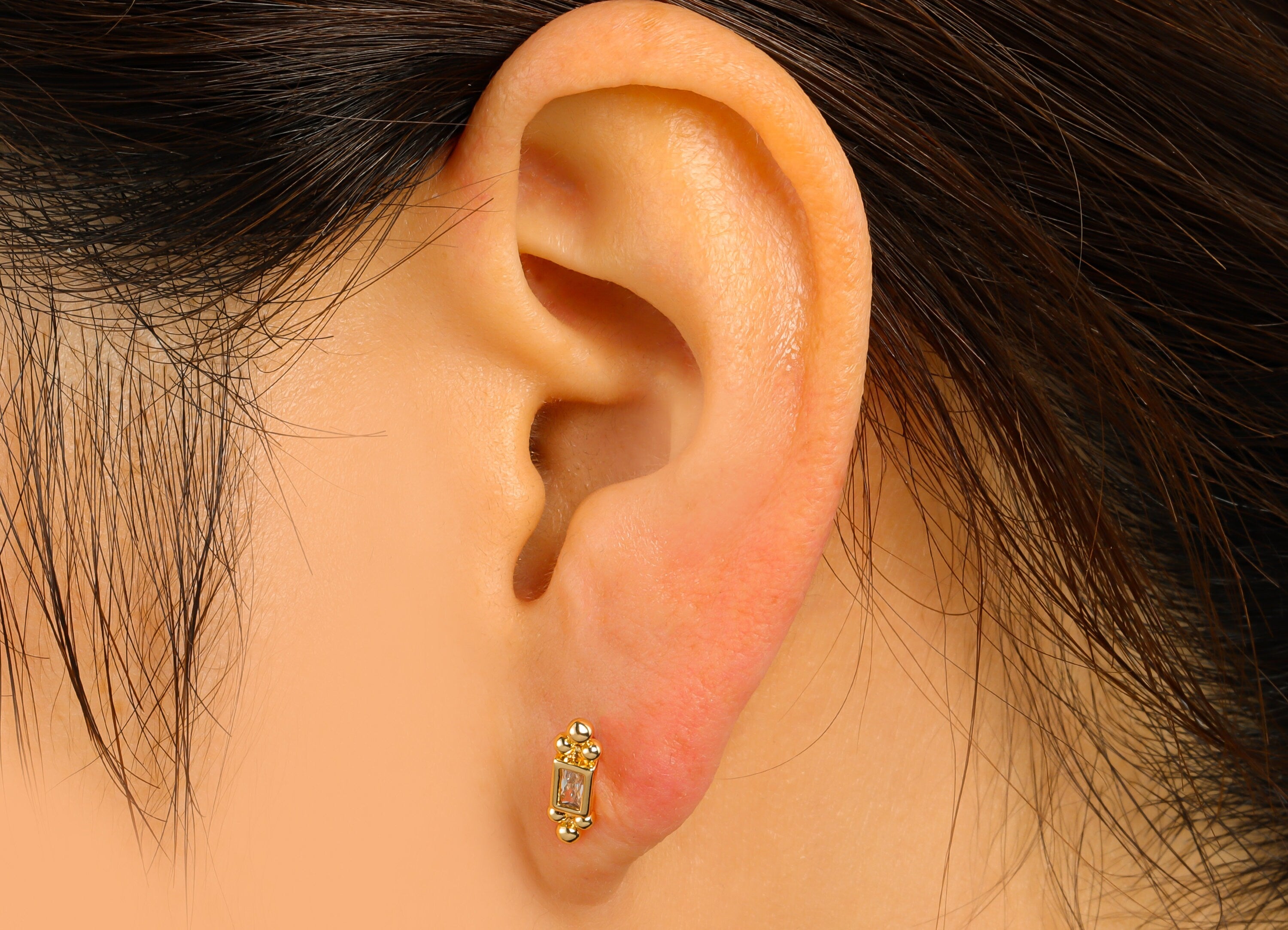 Brass Emerald Earring Stud - Brass Cubic Zirconia Tiny Earring Post -Mini Beads CZ Earring Post - 18k Real Gold plated - 12x4x1.99mm-RGP6589 - DOMEDBAZAAR