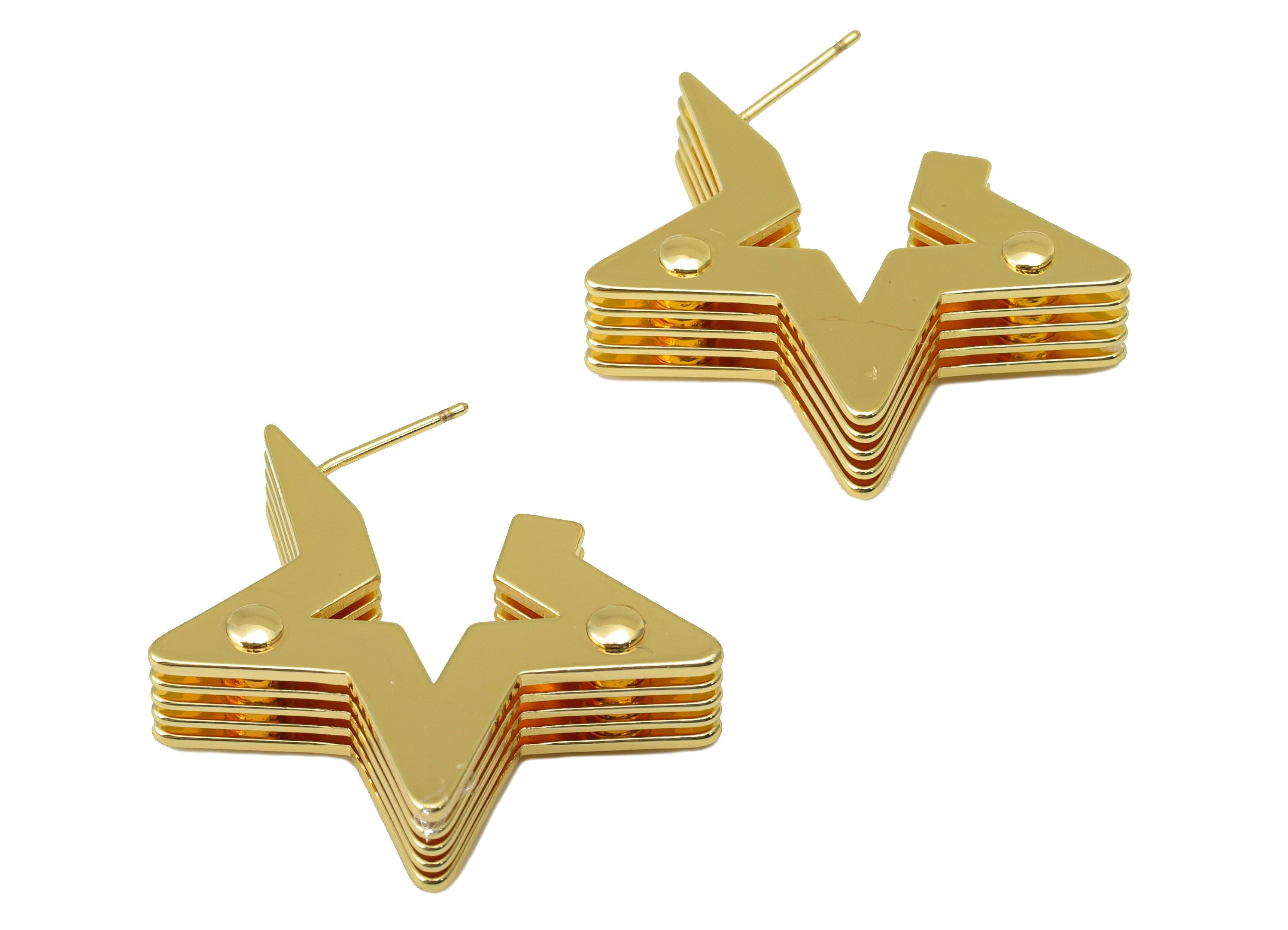 Brass 5 Layers Stars Stud Earring - Brass Star Earring Post - Brass Stack Star Earring Post - 18K Real Gold Plated -30x22.17x6.61mm- RGP6251 - DOMEDBAZAAR