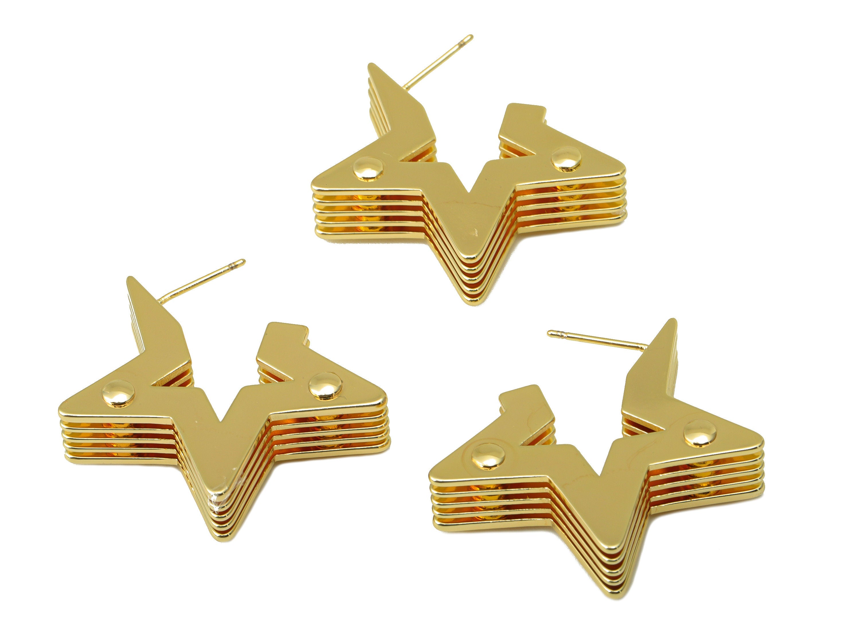 Brass 5 Layers Stars Stud Earring - Brass Star Earring Post - Brass Stack Star Earring Post - 18K Real Gold Plated -30x22.17x6.61mm- RGP6251 - DOMEDBAZAAR