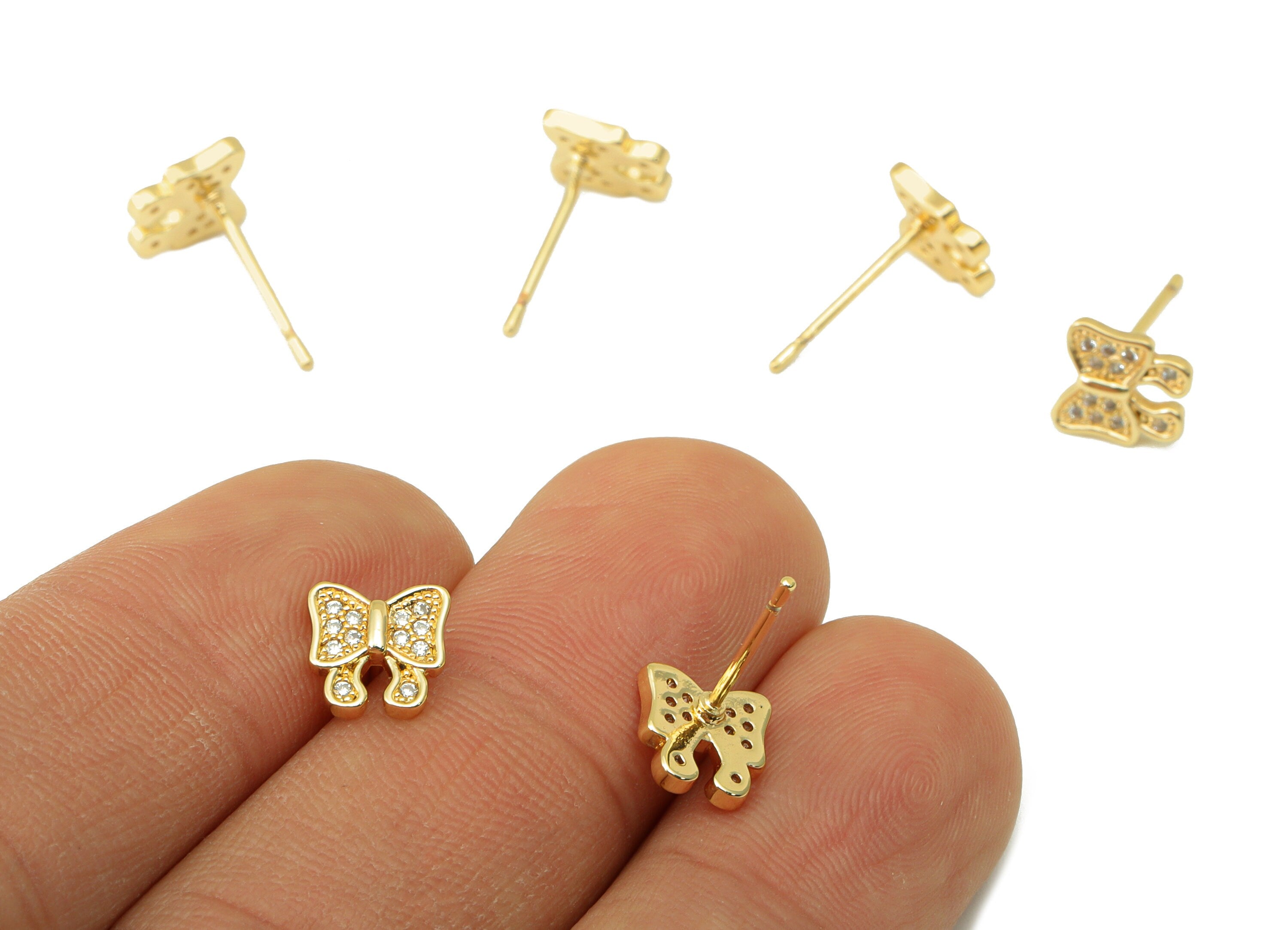 Brass Butterfly Earring Stud - Brass Butterfly Bow Earring Post -Cubic Zirconia Earring Post -18K Real Gold Plated - 7.79x7.59x1mm- RGP6418 - DOMEDBAZAAR