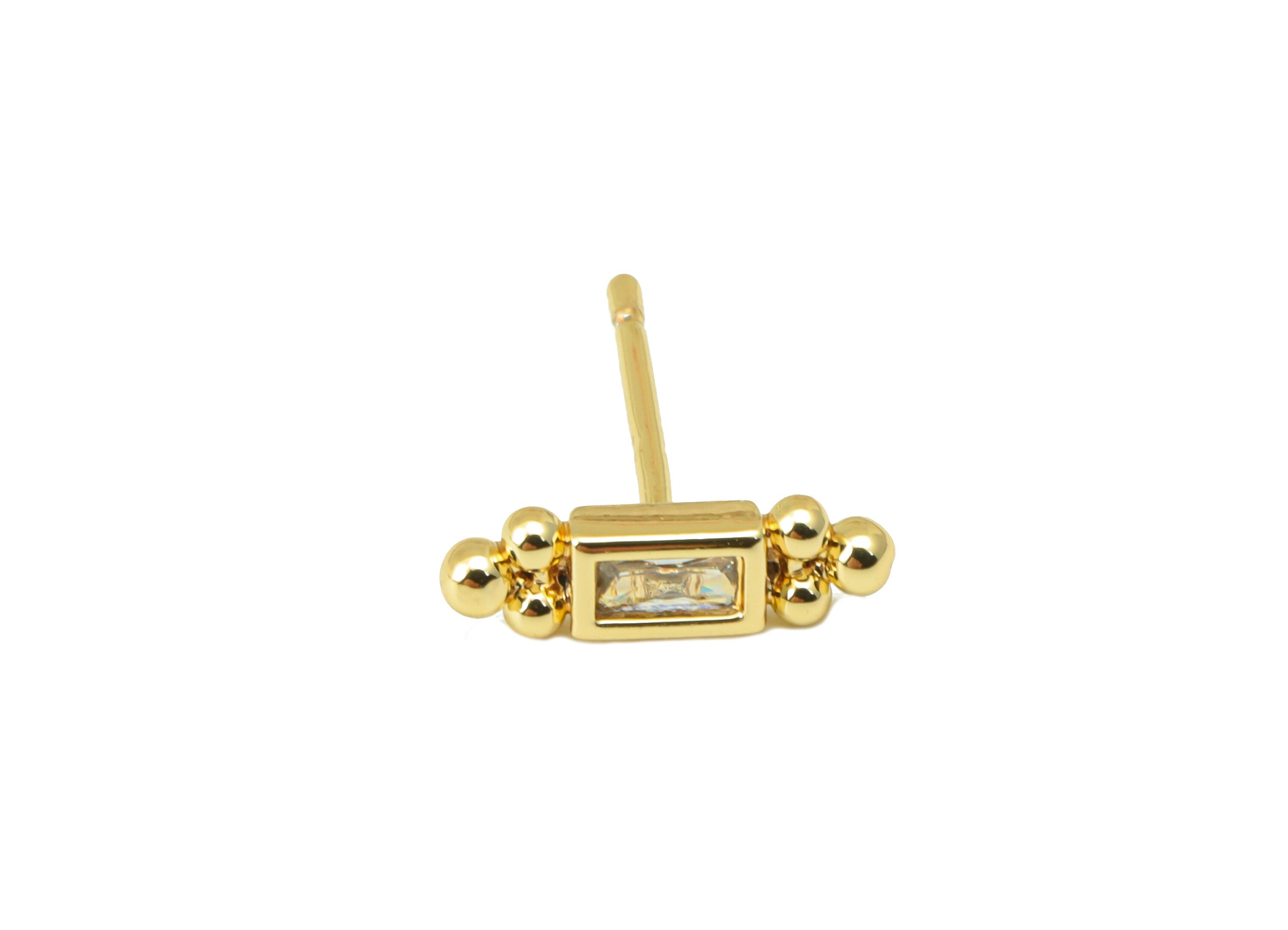 Brass Emerald Earring Stud - Brass Cubic Zirconia Tiny Earring Post -Mini Beads CZ Earring Post - 18k Real Gold plated - 12x4x1.99mm-RGP6589 - DOMEDBAZAAR