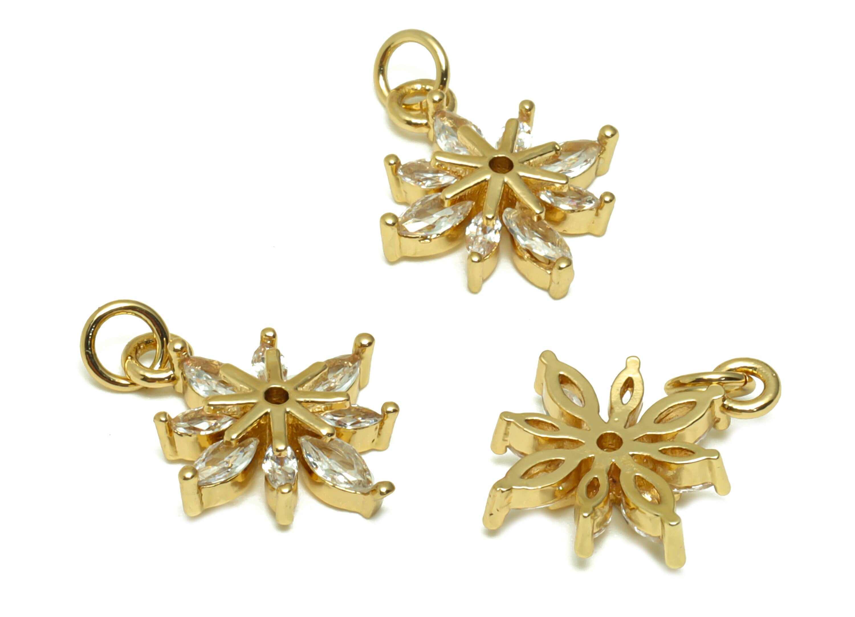 Brass Flower Earring Charm- Brass Marquise CZ Pendant - Cubic Zirconia Botanical Earring Charm - 18K Real Gold Plated - 15x12x3mm - RGP6731 - DOMEDBAZAAR