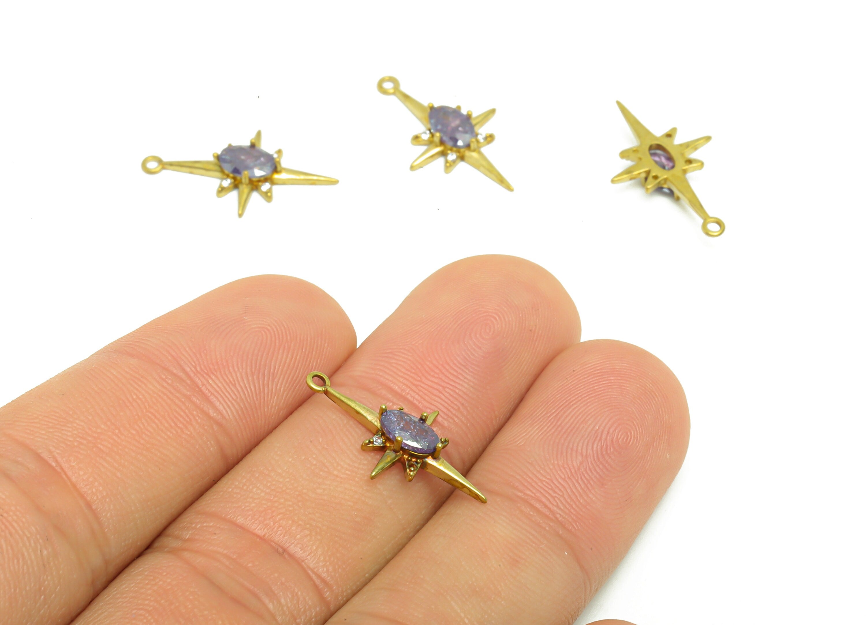 Brass Star Earring Charm - Raw Brass Purple Star Zircon Pendant - Brass North Star Zircon Charm - Jewelry Supplies - 21.18x12x3.4mm- PP8957 - DOMEDBAZAAR