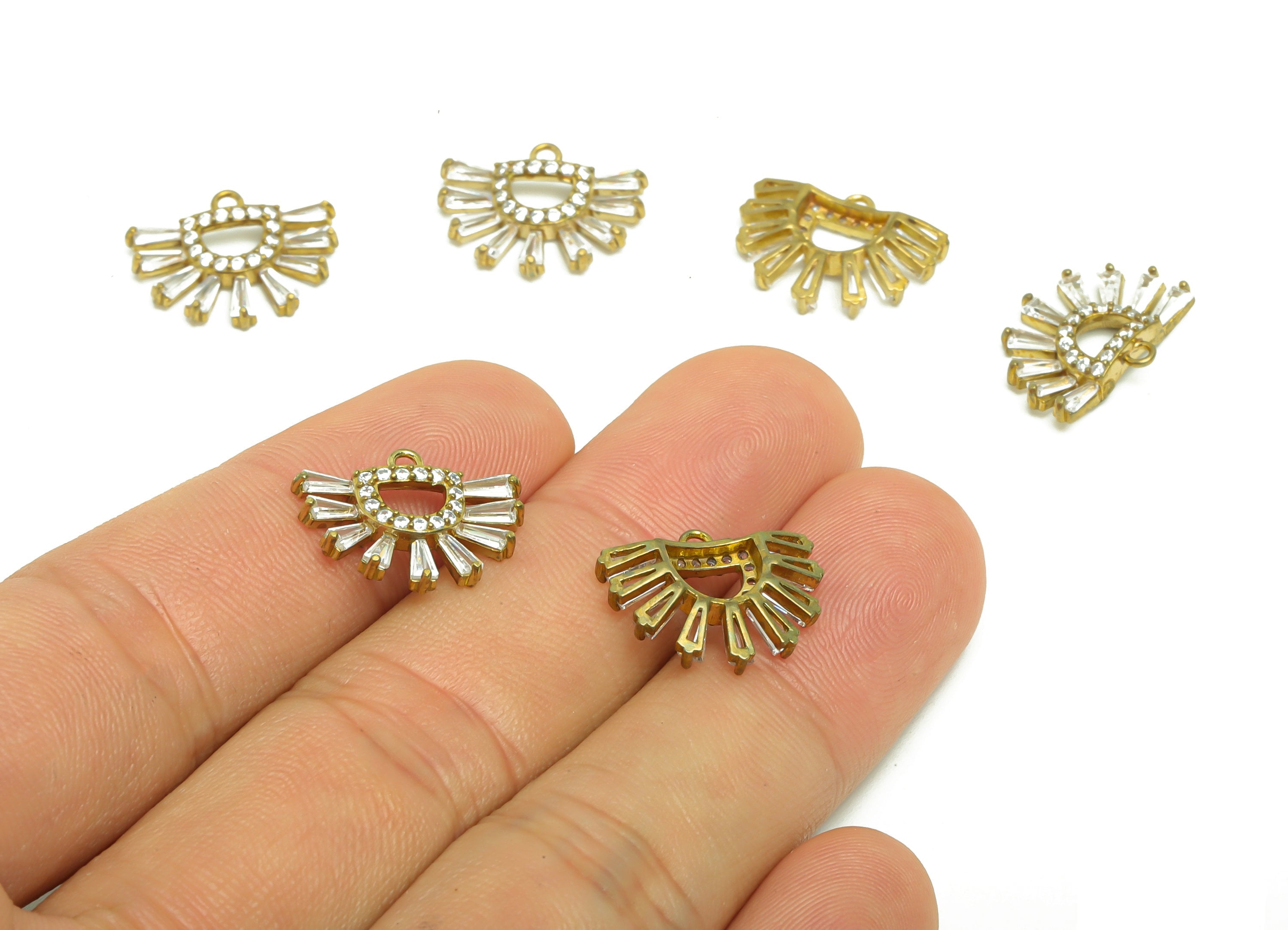 Brass Fan Earring Charm - Raw Brass Teardrop Zircon Pendant - Brass Domed Trapezoid Zircon Charm - Jewelry Supplies - 17.27x13x3.1mm- PP8961 - DOMEDBAZAAR