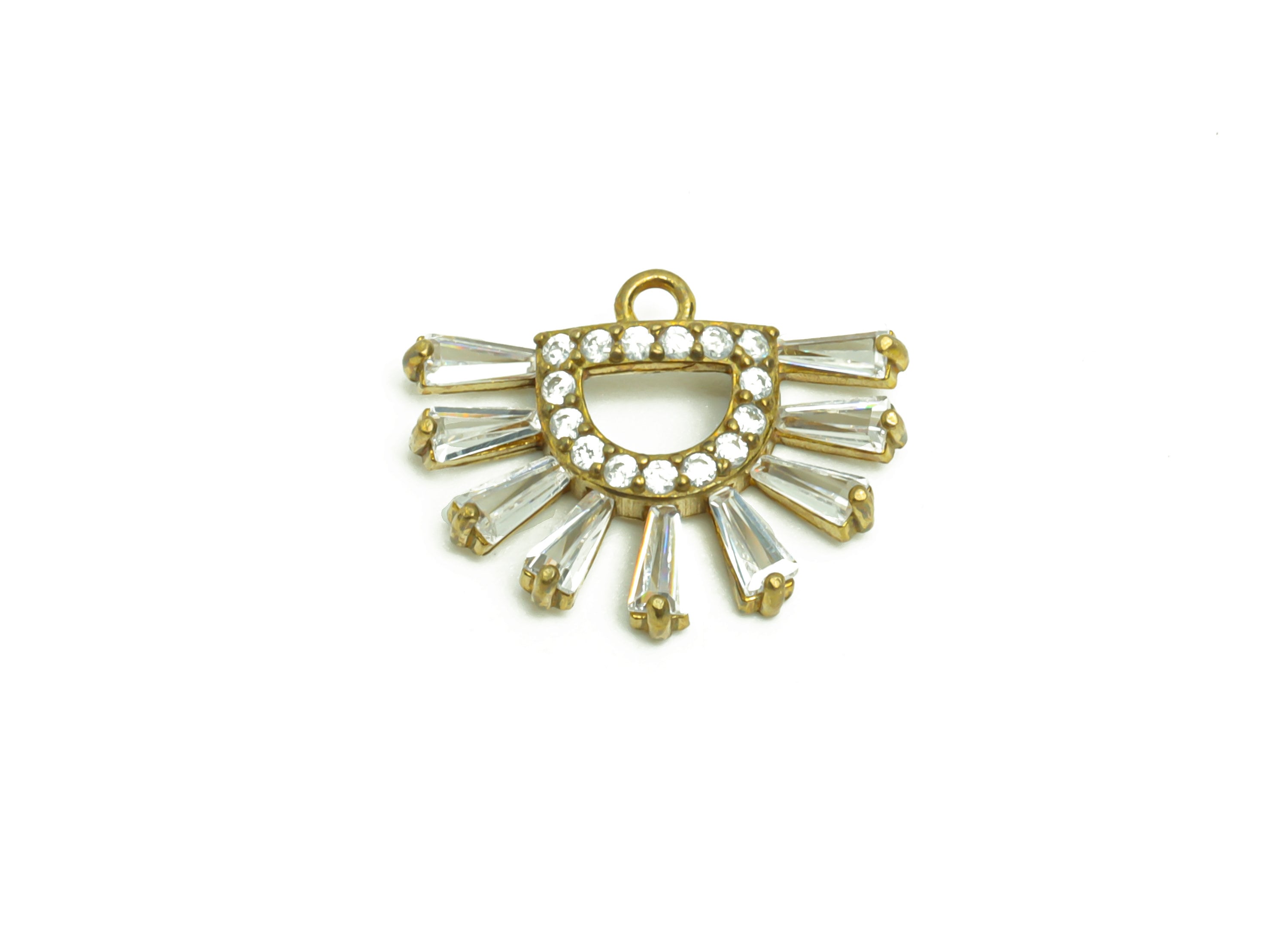 Brass Fan Earring Charm - Raw Brass Teardrop Zircon Pendant - Brass Domed Trapezoid Zircon Charm - Jewelry Supplies - 17.27x13x3.1mm- PP8961 - DOMEDBAZAAR