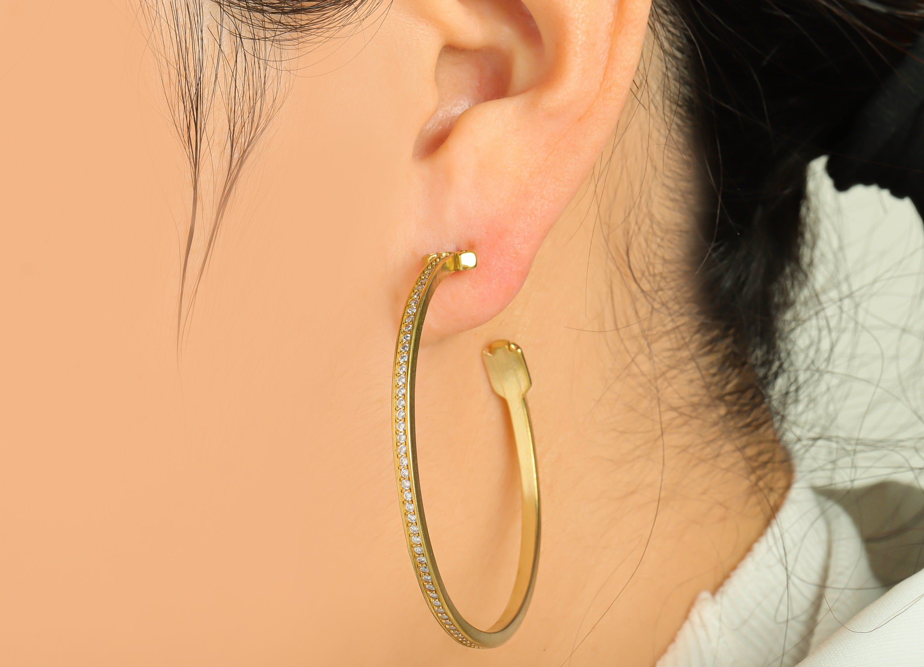 Brass Arrow C Hoop Earring Stud - Raw Brass Open Hoop Zircon Earring Post - Brass Cubic Zircon Hoop Earring Post - 49.19x49.19x2mm - PP9332 - DOMEDBAZAAR