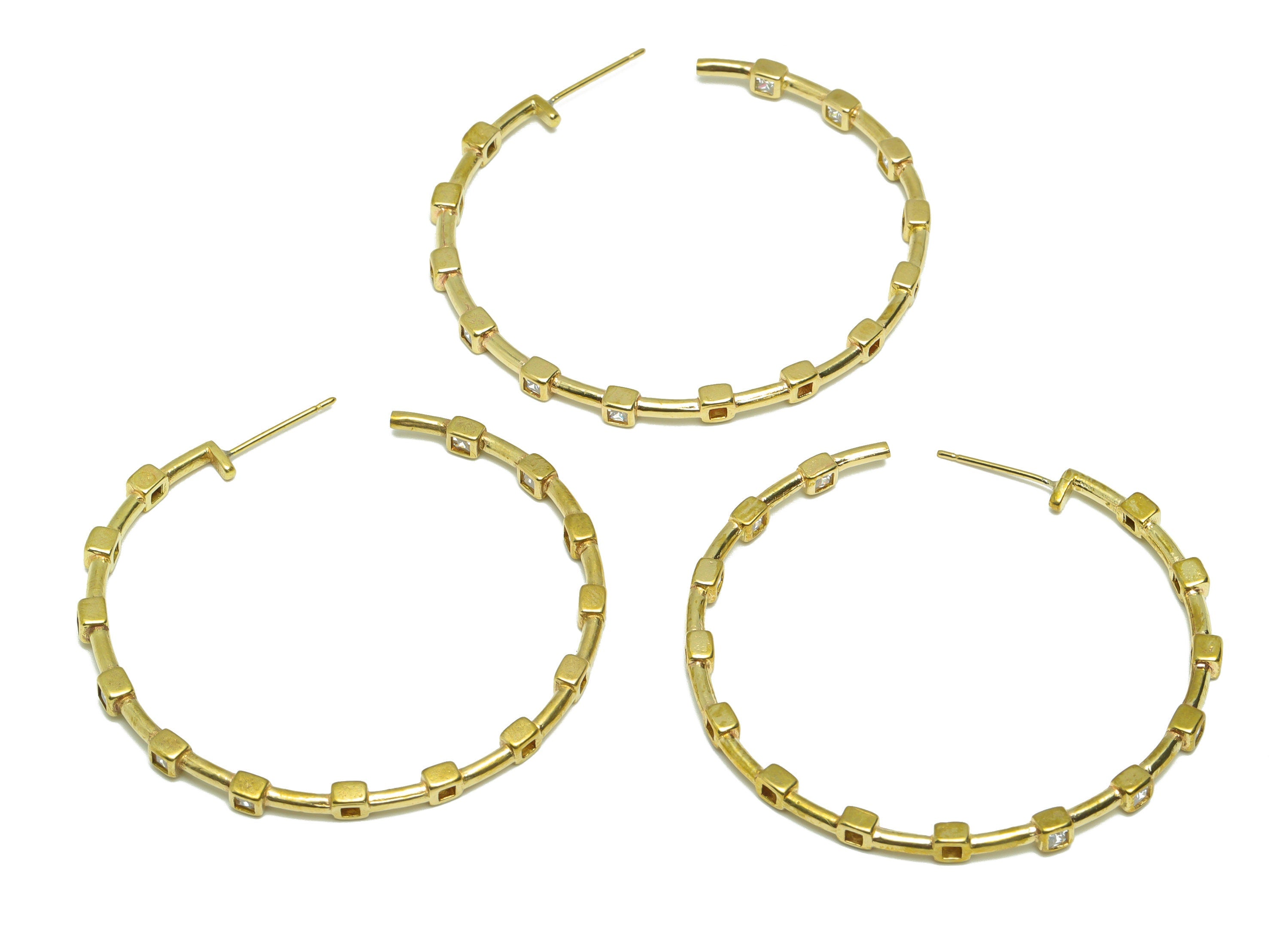 Brass Cube C Hoop Earring Stud - Raw Brass Open Hoop Zircon Earring Post - Brass Beads Zircon Hoop Earring Post - 44.23x44.23x2.7mm - PP9312 - DOMEDBAZAAR