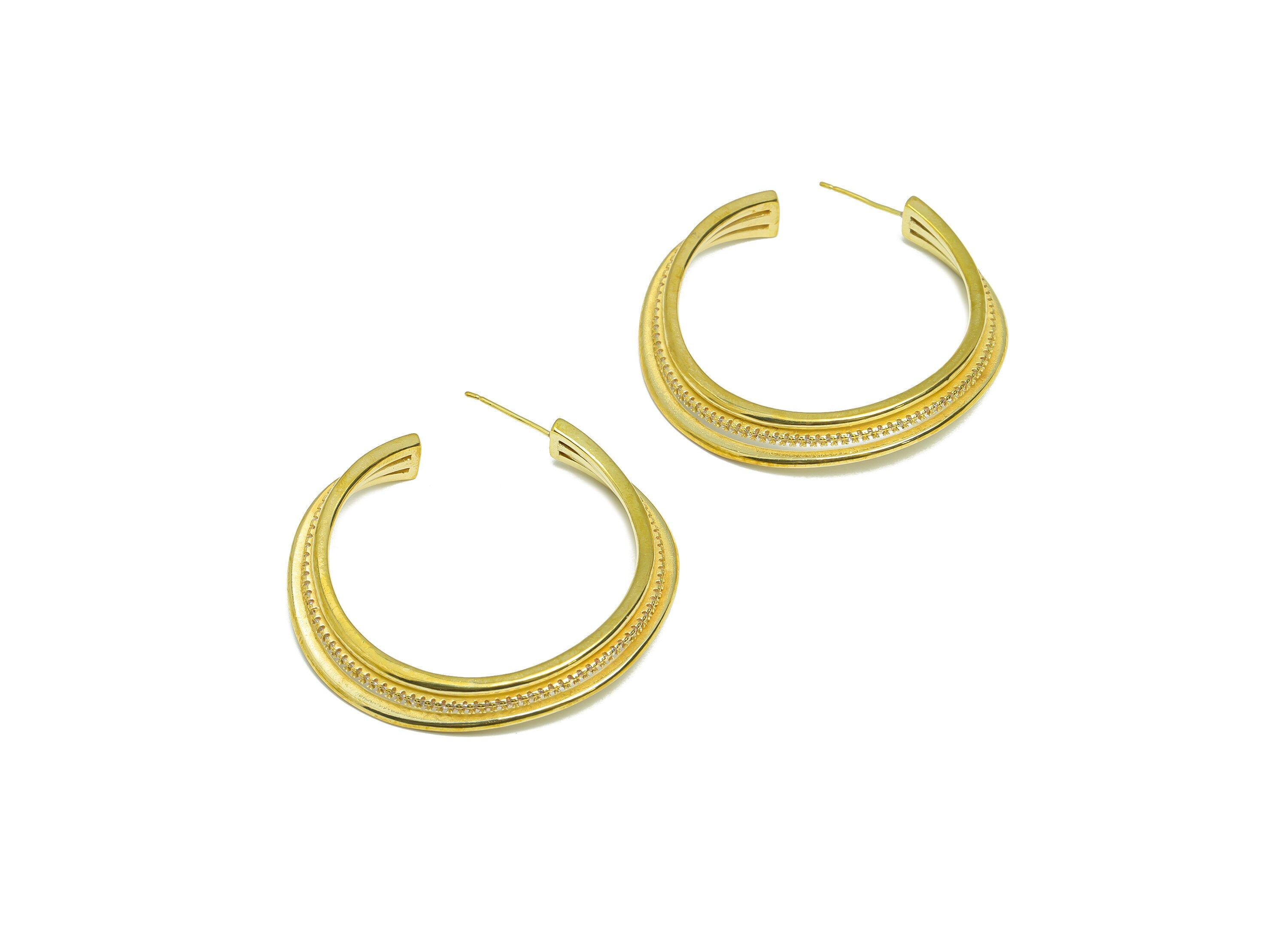 Brass Wire C Hoop Earring Stud - Raw Brass Open Hoop Zircon Earring Post - Brass 3 Wire Cubic Zircon Earring Post - 41x41x2.22mm - PP9328 - DOMEDBAZAAR