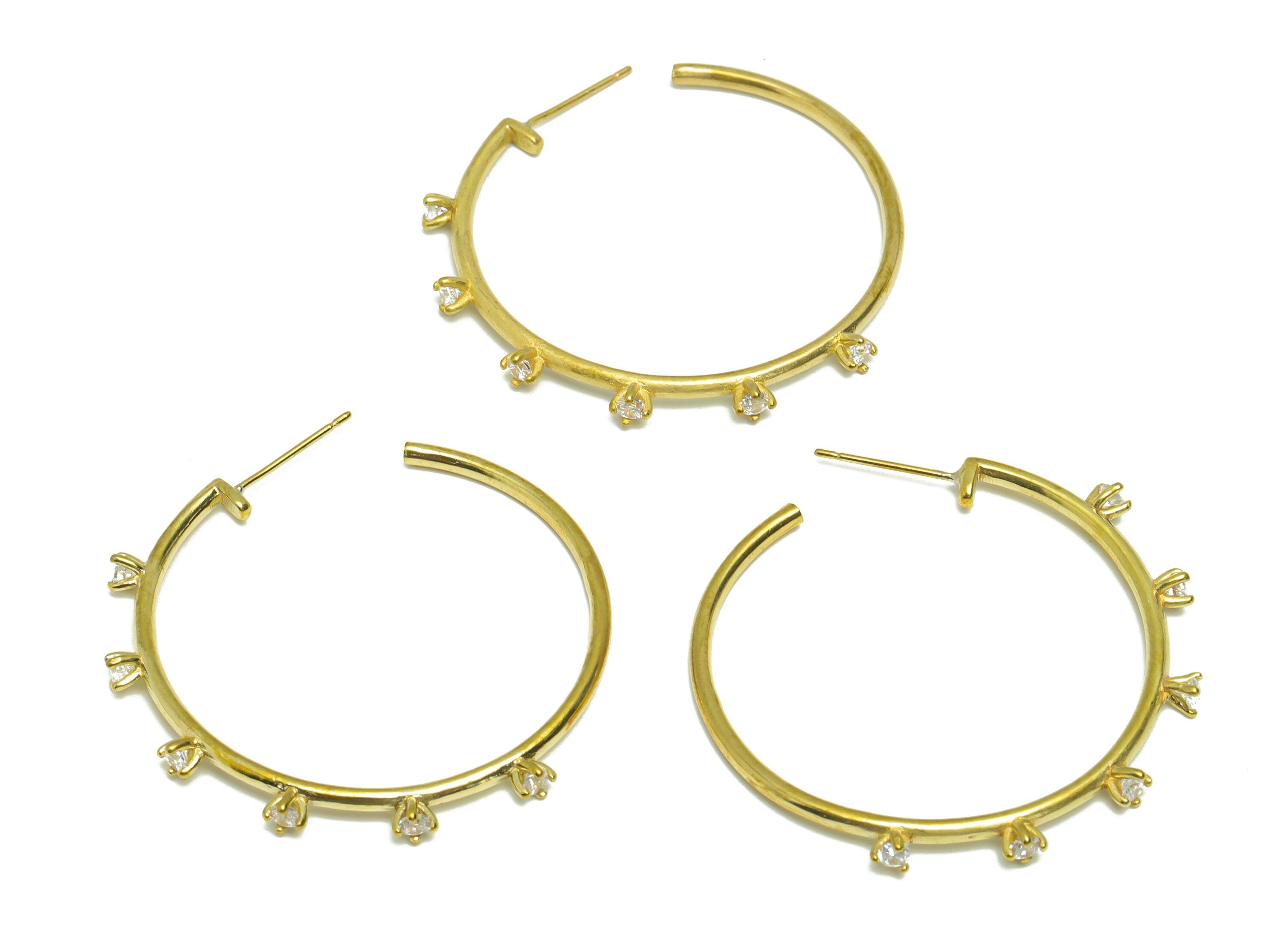 Brass CZ C Hoop Earring Stud - Raw Brass Open Hoop Zircon Earring Post - Brass CZ Zircon Hoop Earring Post - 39x39x4.47mm- PP9313 - DOMEDBAZAAR